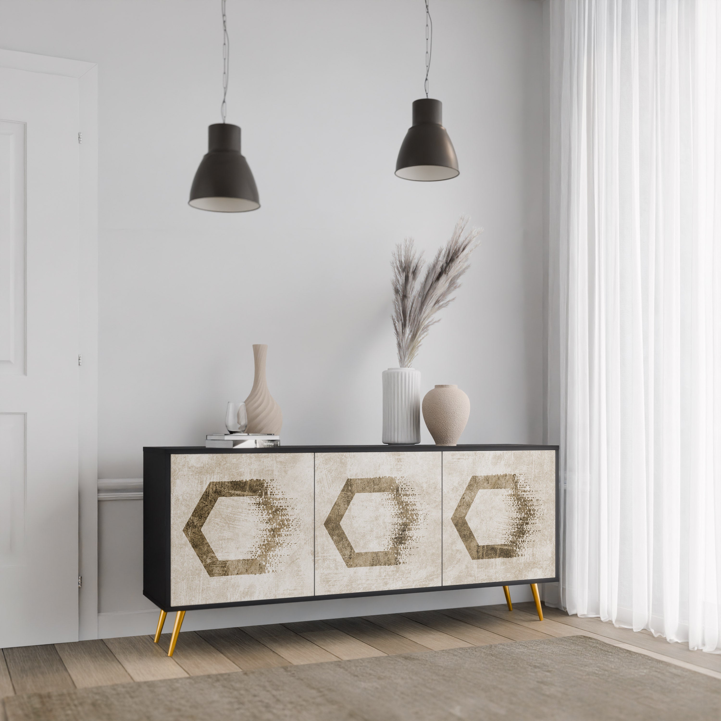 HEXAGONAL SHAPES 3-Door Sideboard in Black Finish