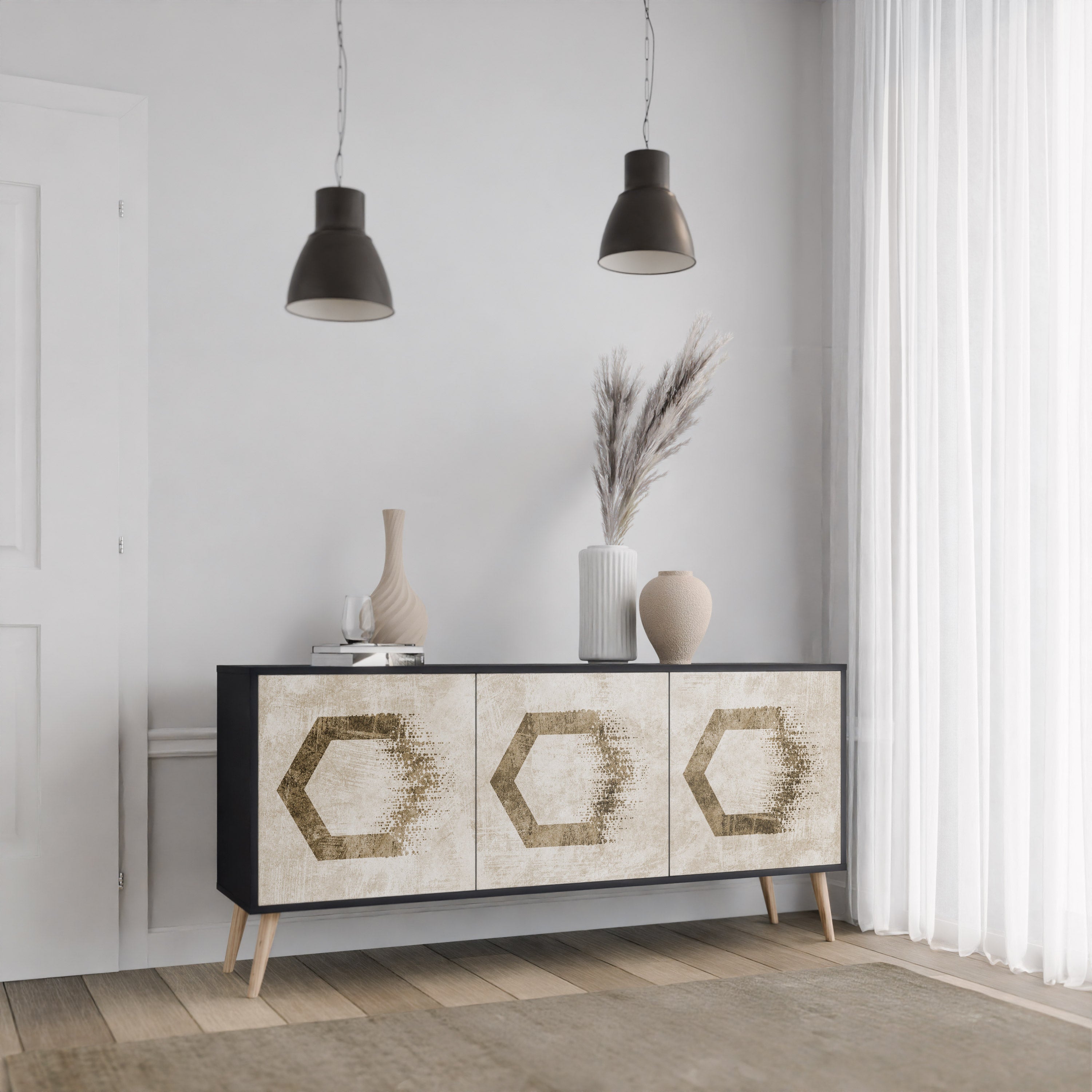 HEXAGONAL SHAPES 3-Door Sideboard in Black Finish