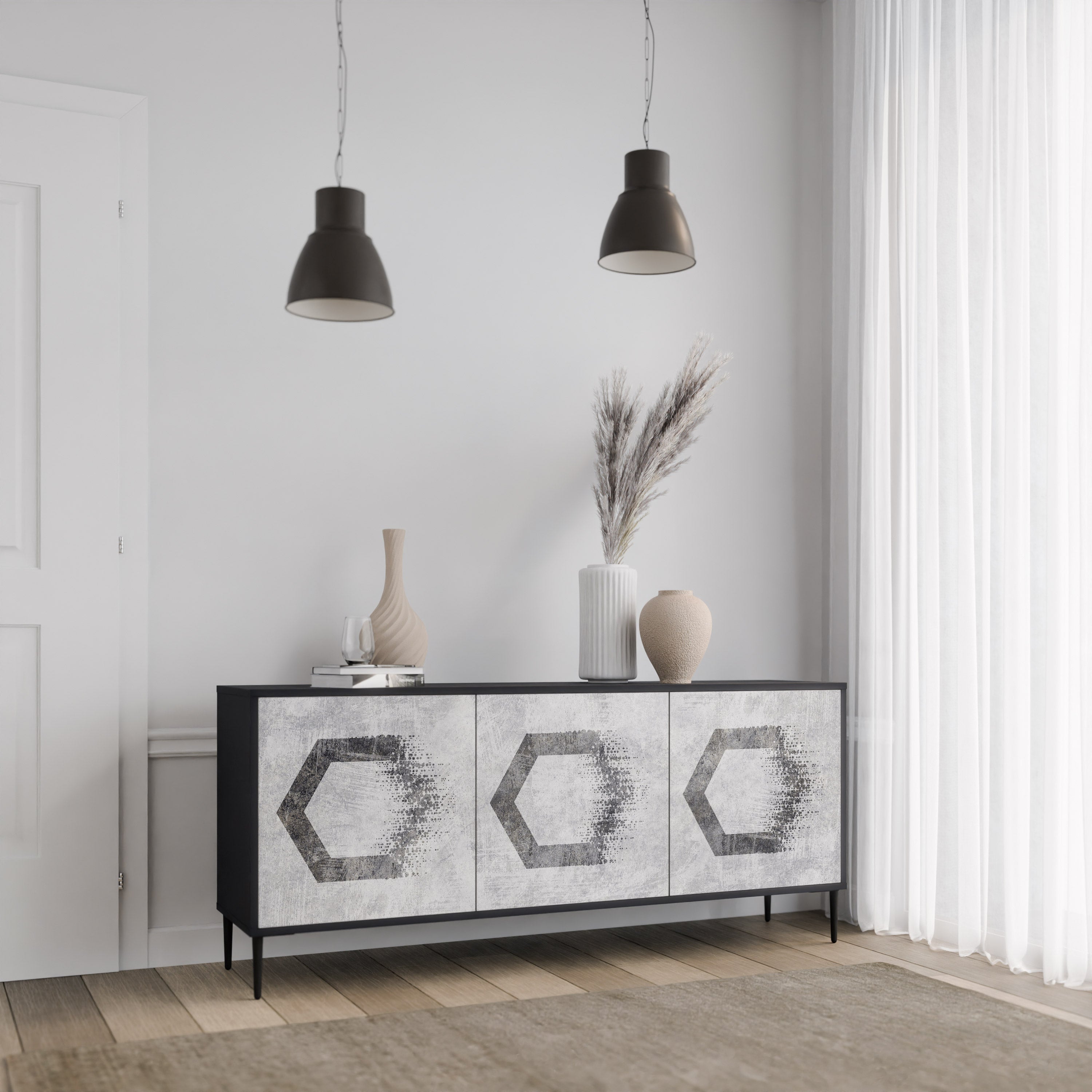 HEXAGONAL FIGURES 3-Door Sideboard in Black Finish