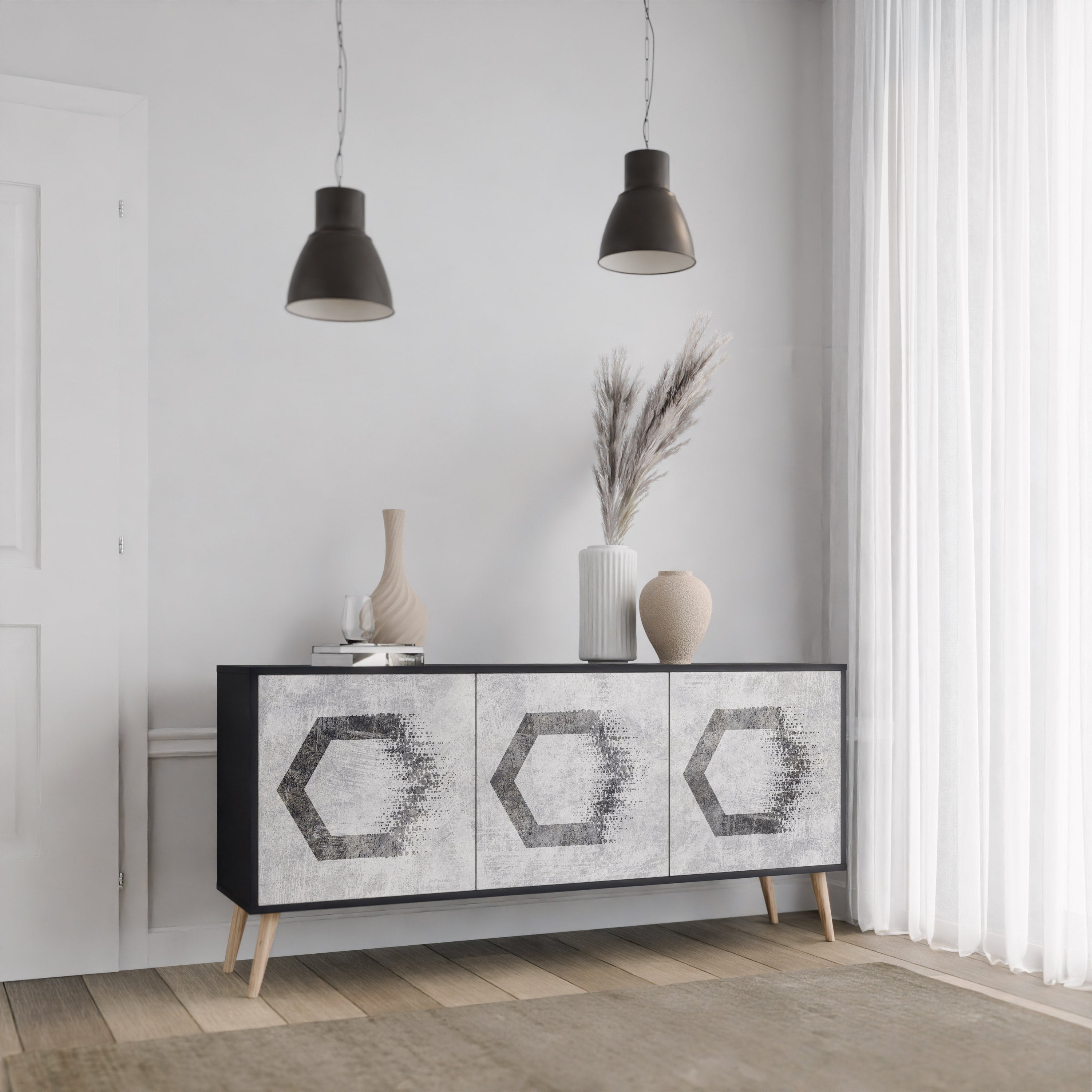 HEXAGONAL FIGURES 3-Door Sideboard in Black Finish