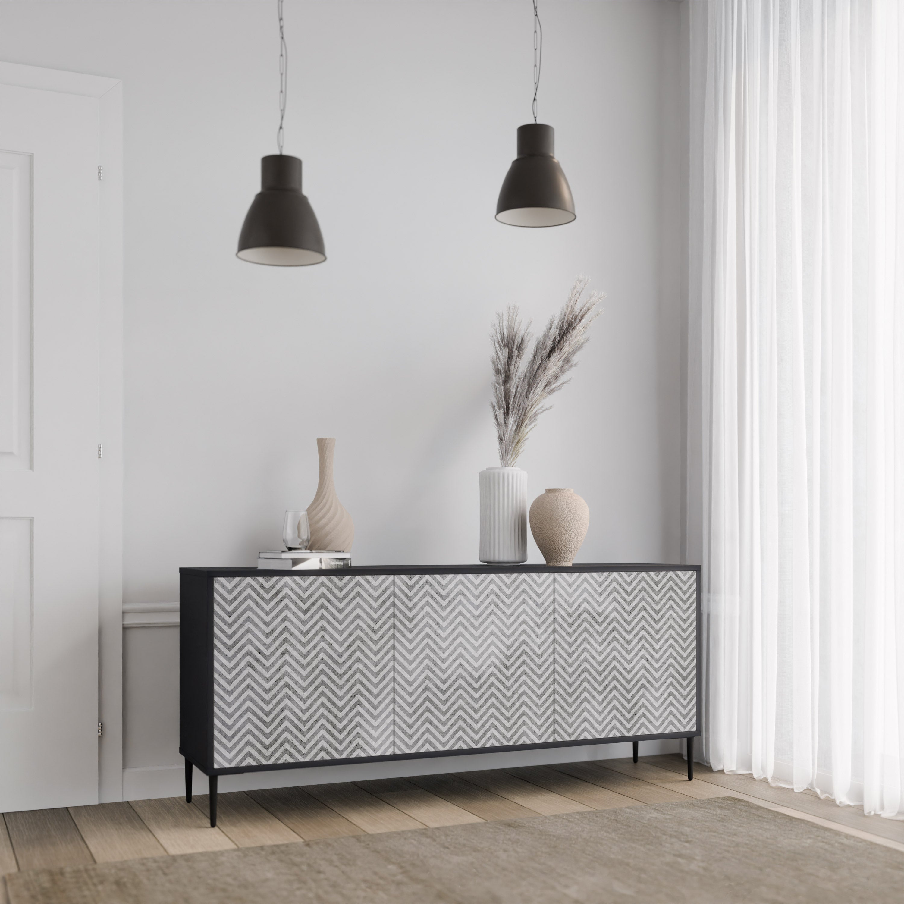 CONCRETE ZIG ZAG 3-Door Sideboard in Black Finish