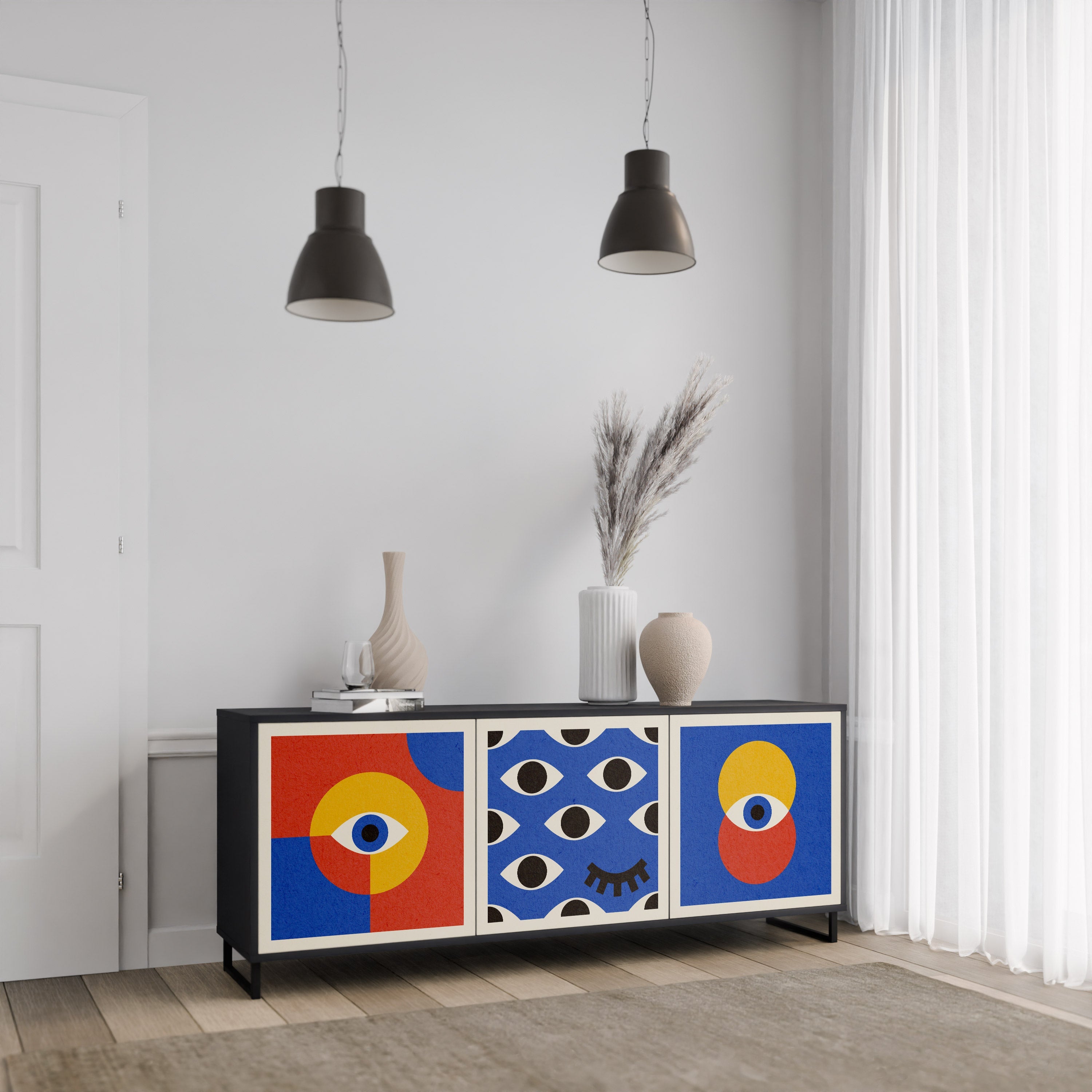 GEOMETRIC EYES 3-Door Sideboard in Black Finish