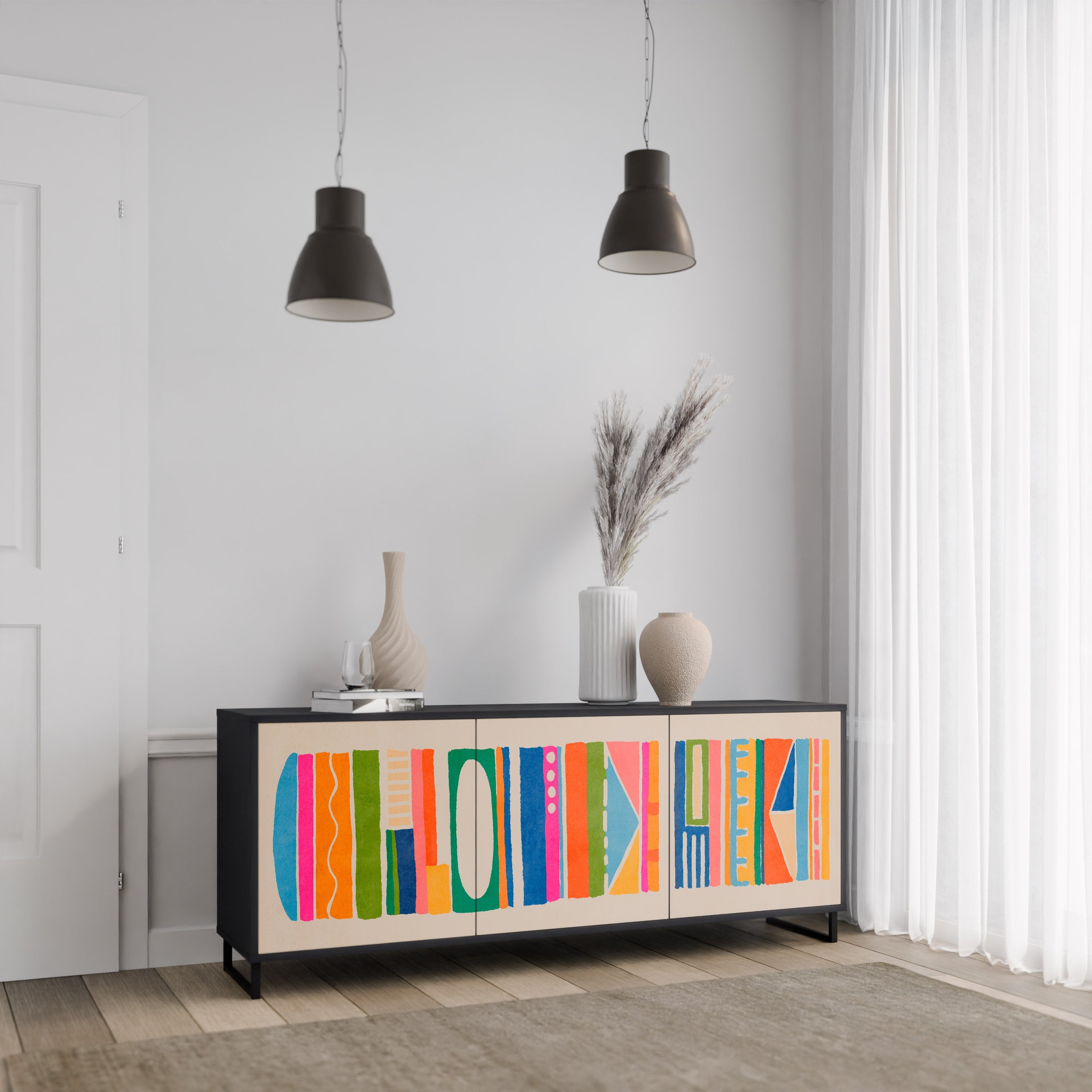 GEOMETRIC SHINE 3-Door Sideboard in Black Finish
