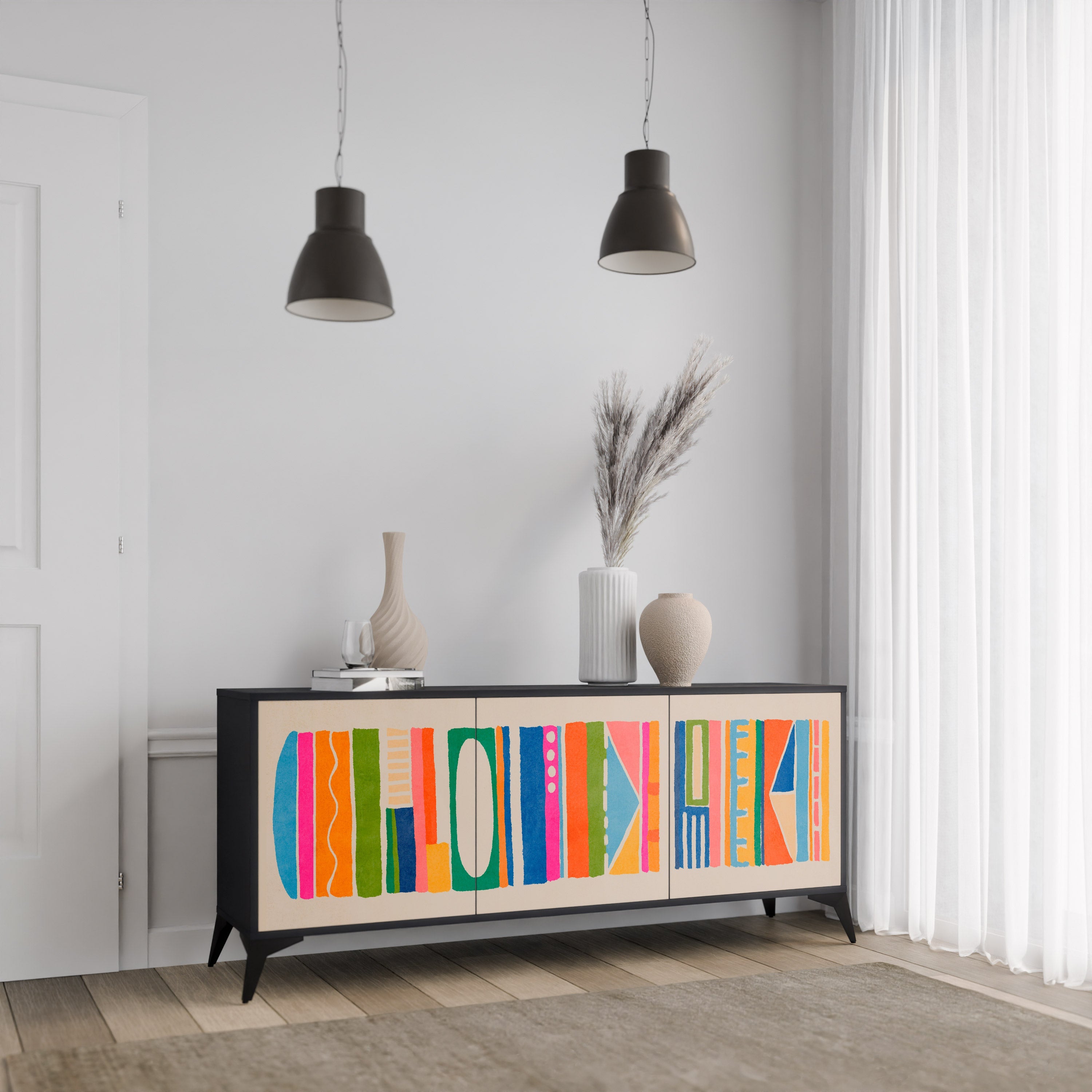 GEOMETRIC SHINE 3-Door Sideboard in Black Finish