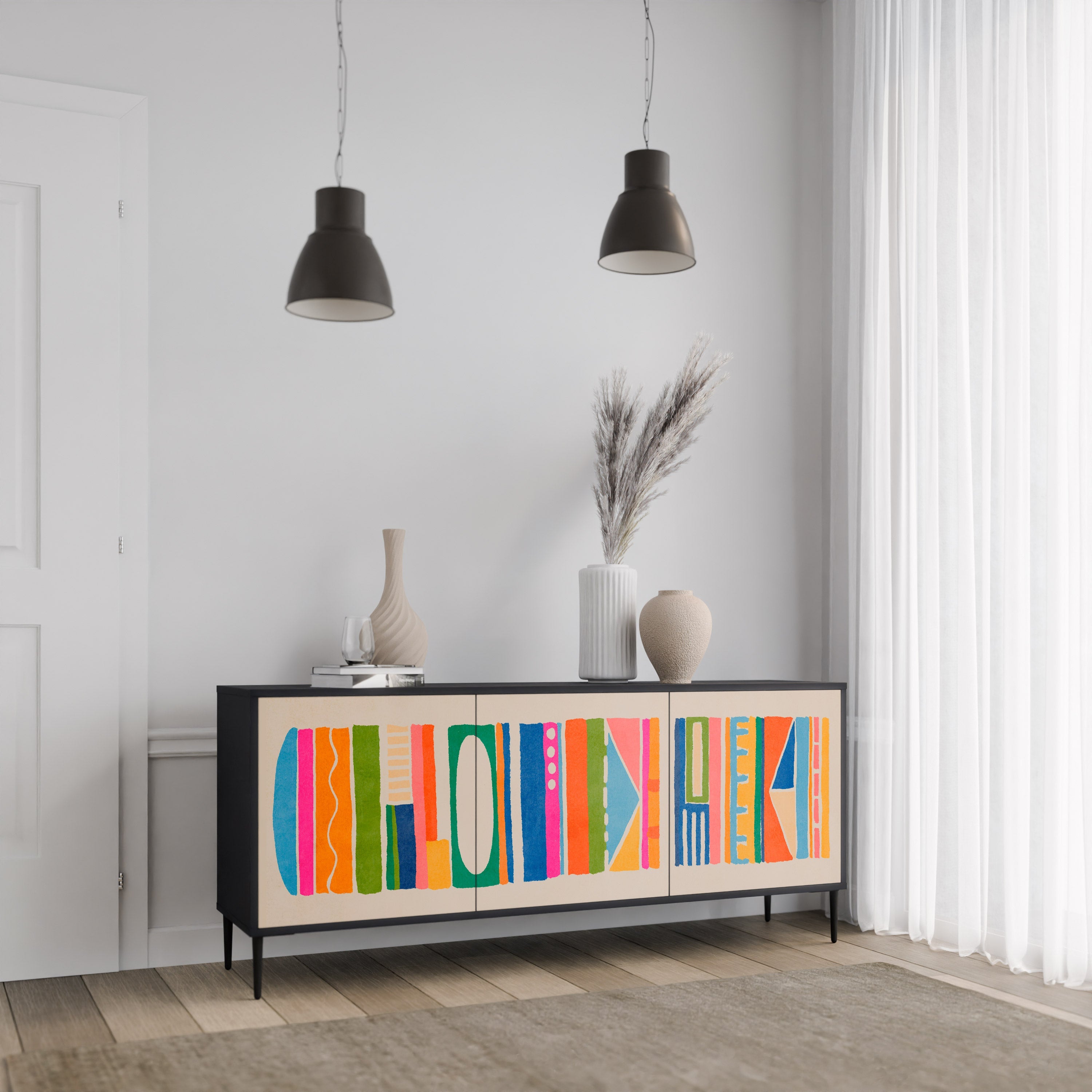 GEOMETRIC SHINE 3-Door Sideboard in Black Finish