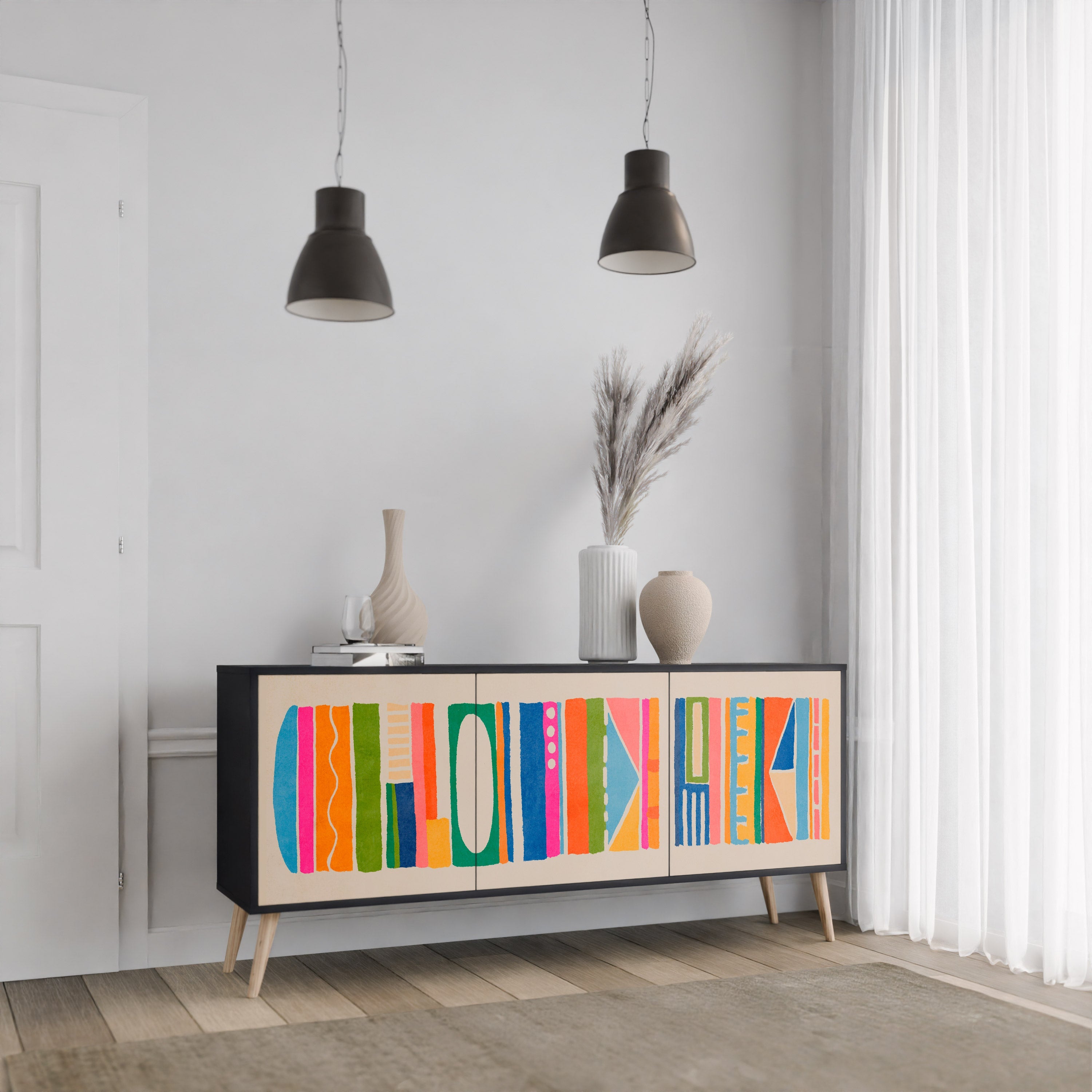 GEOMETRIC SHINE 3-Door Sideboard in Black Finish