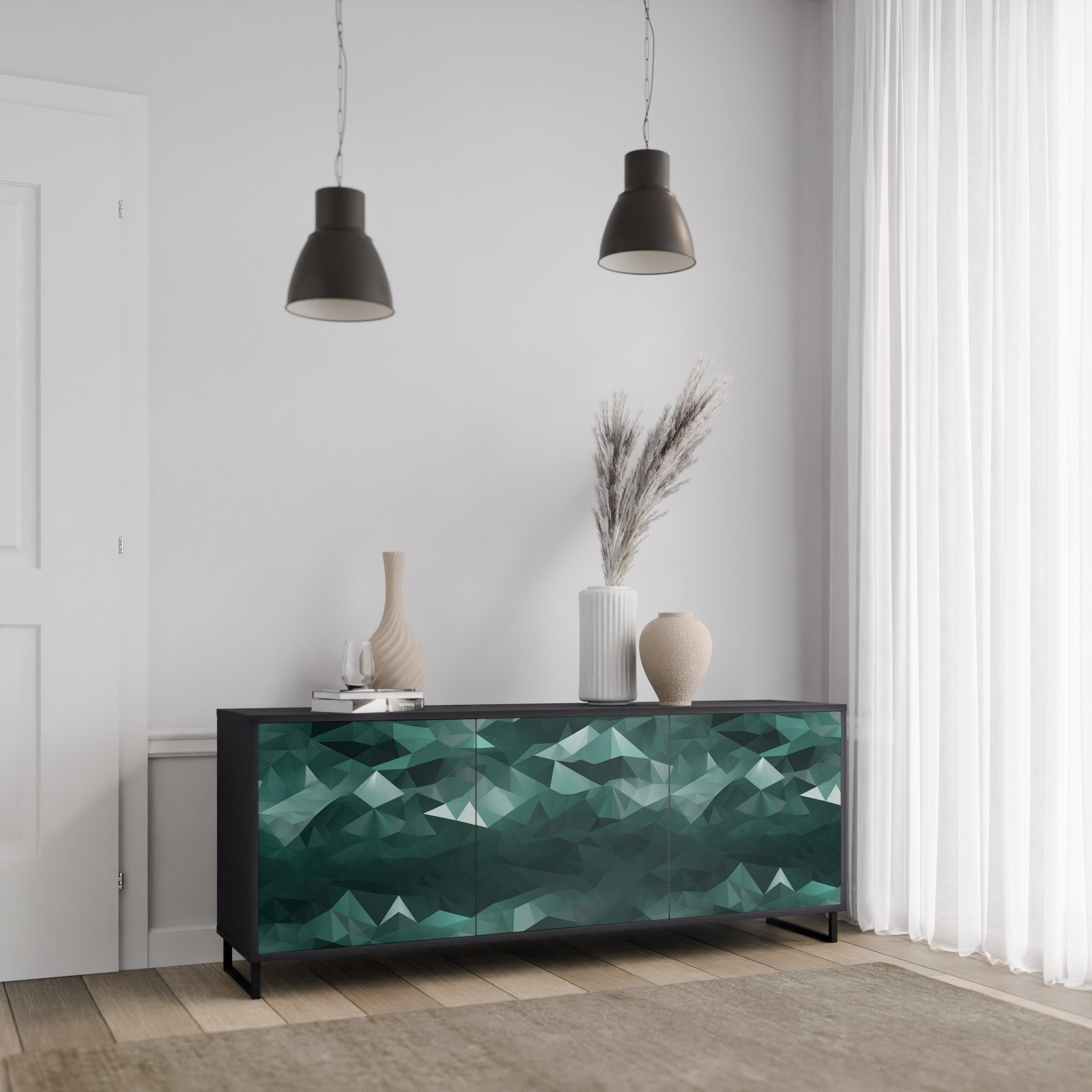 POLYGONAL FLOATING 3-Door Sideboard in Black Finish