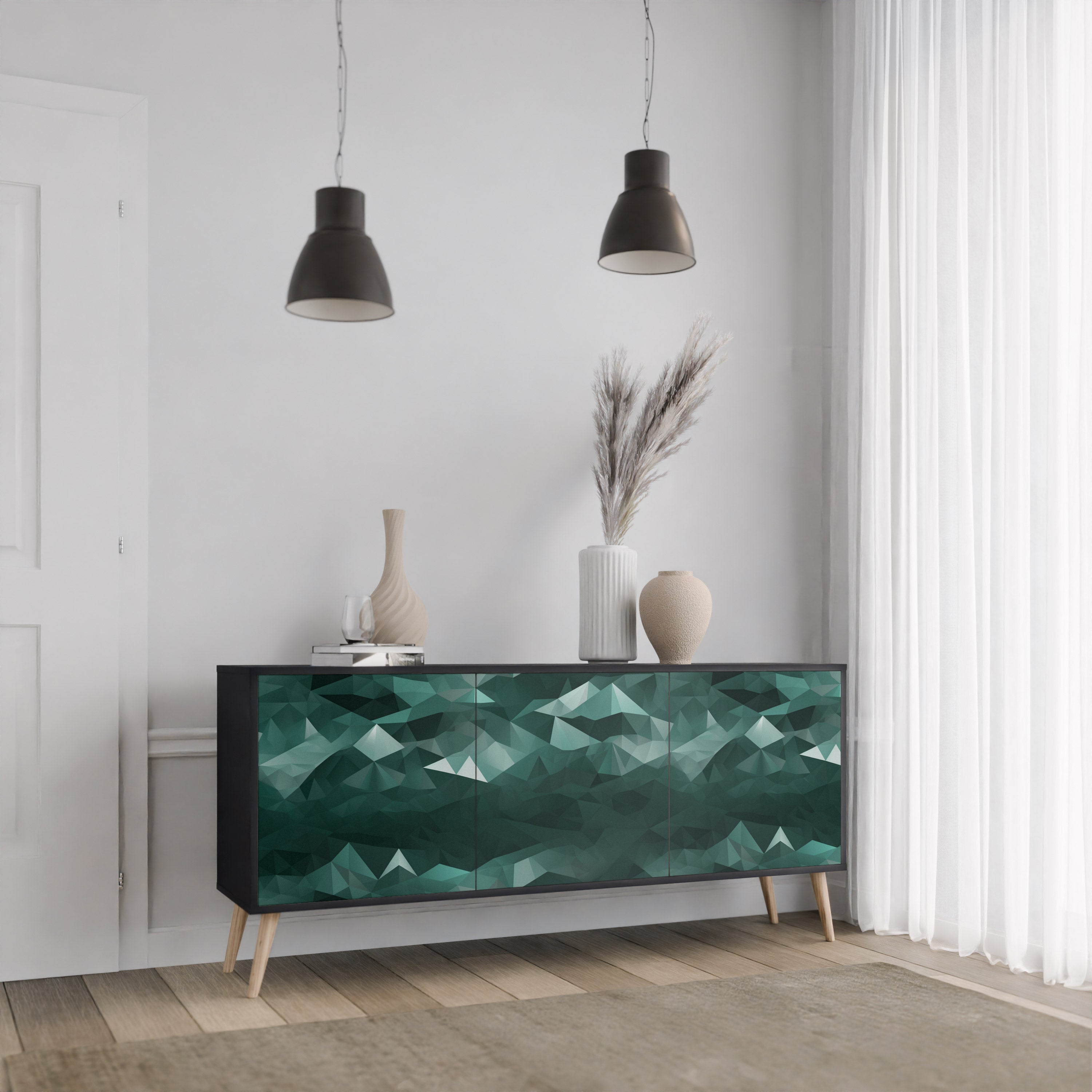 POLYGONAL FLOATING 3-Door Sideboard in Black Finish