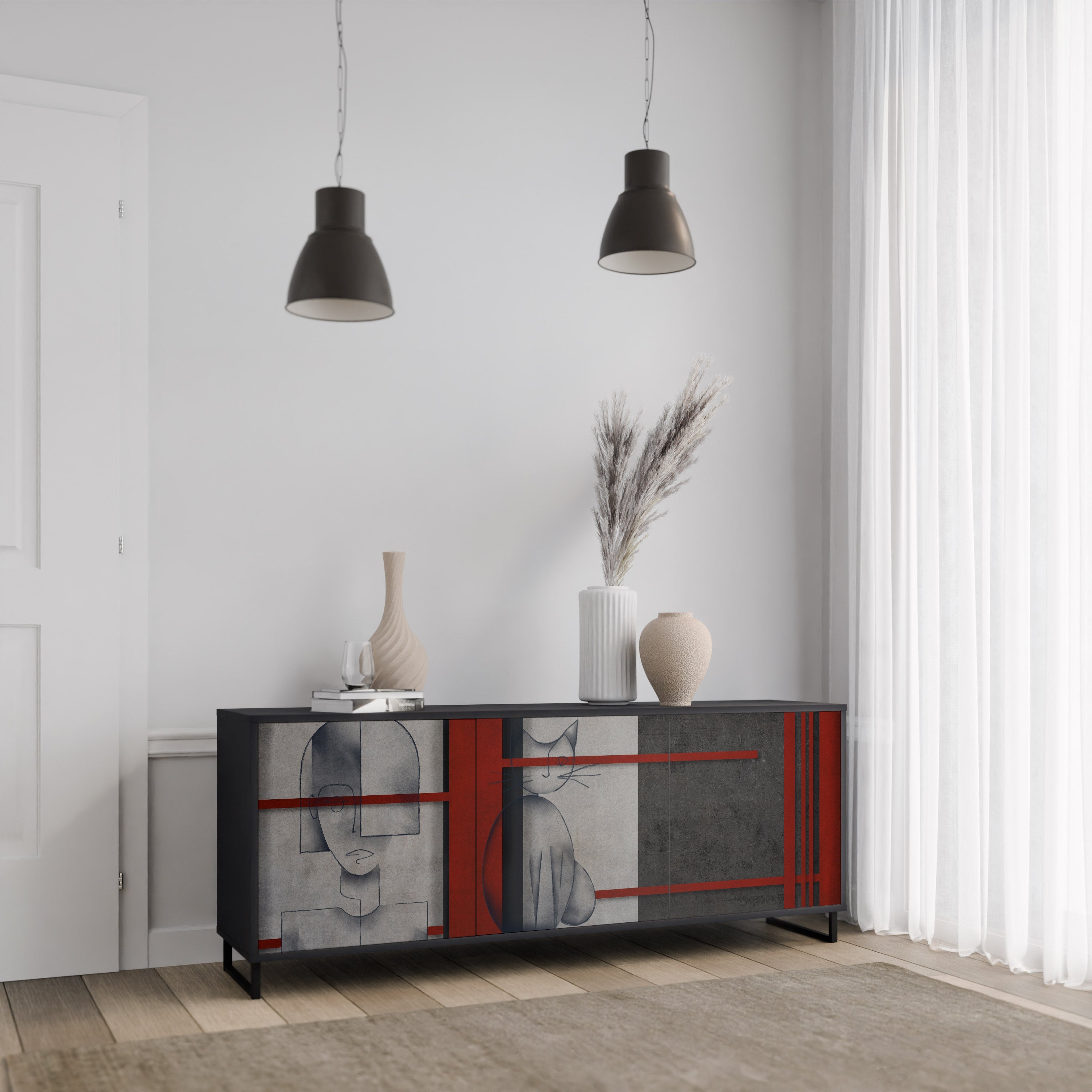 GRAY FIGURES Aparador de 3 Portas em Acabamento Preto