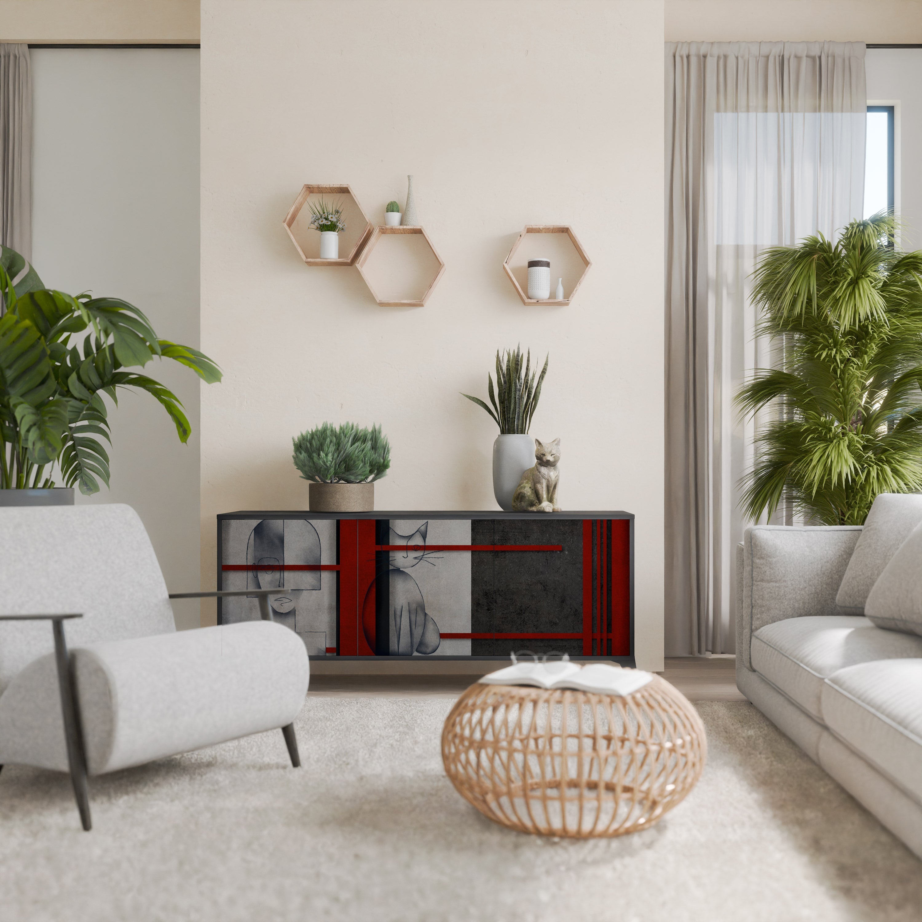 GRAY FIGURES Aparador de 3 Portas em Acabamento Preto