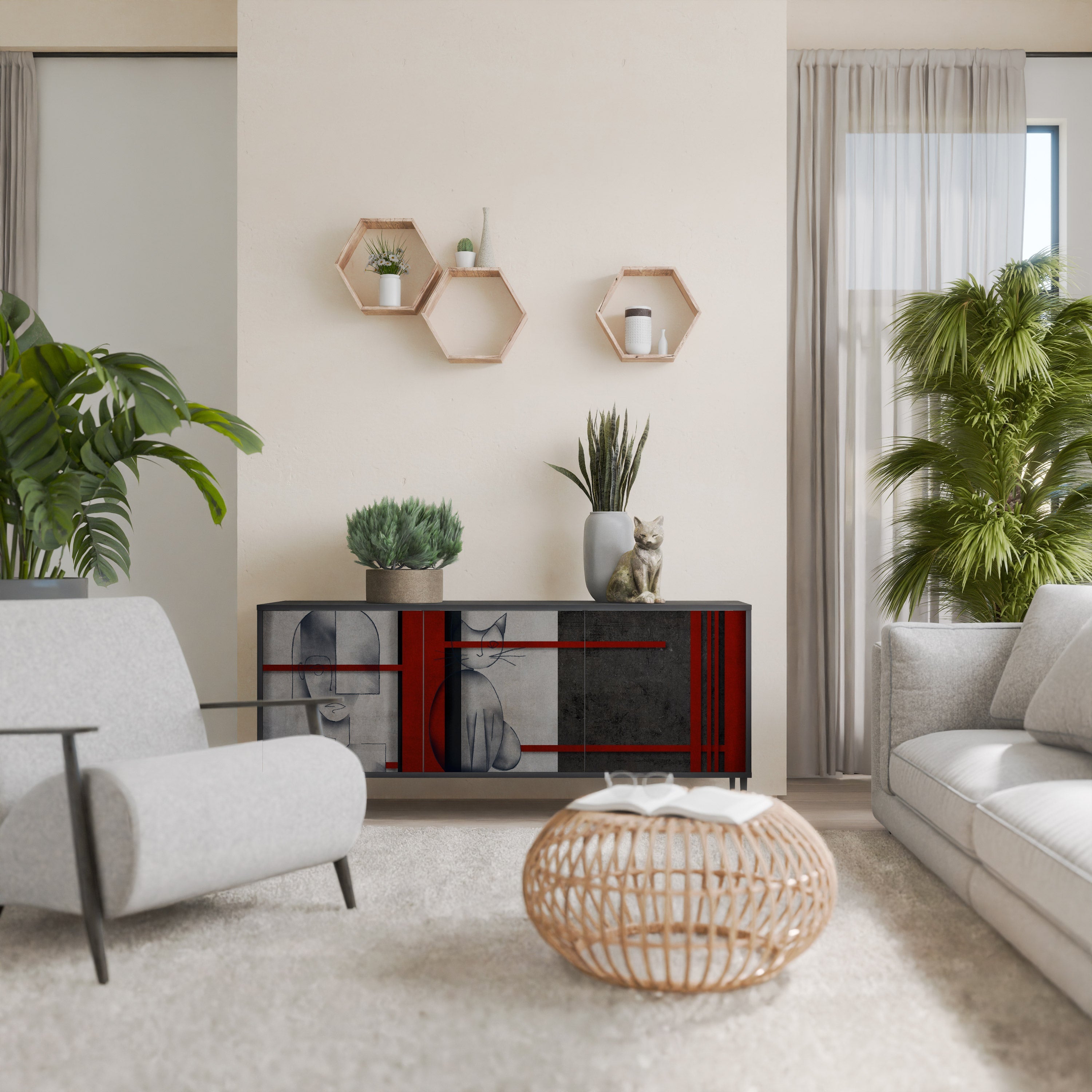 GRAY FIGURES Aparador de 3 Portas em Acabamento Preto