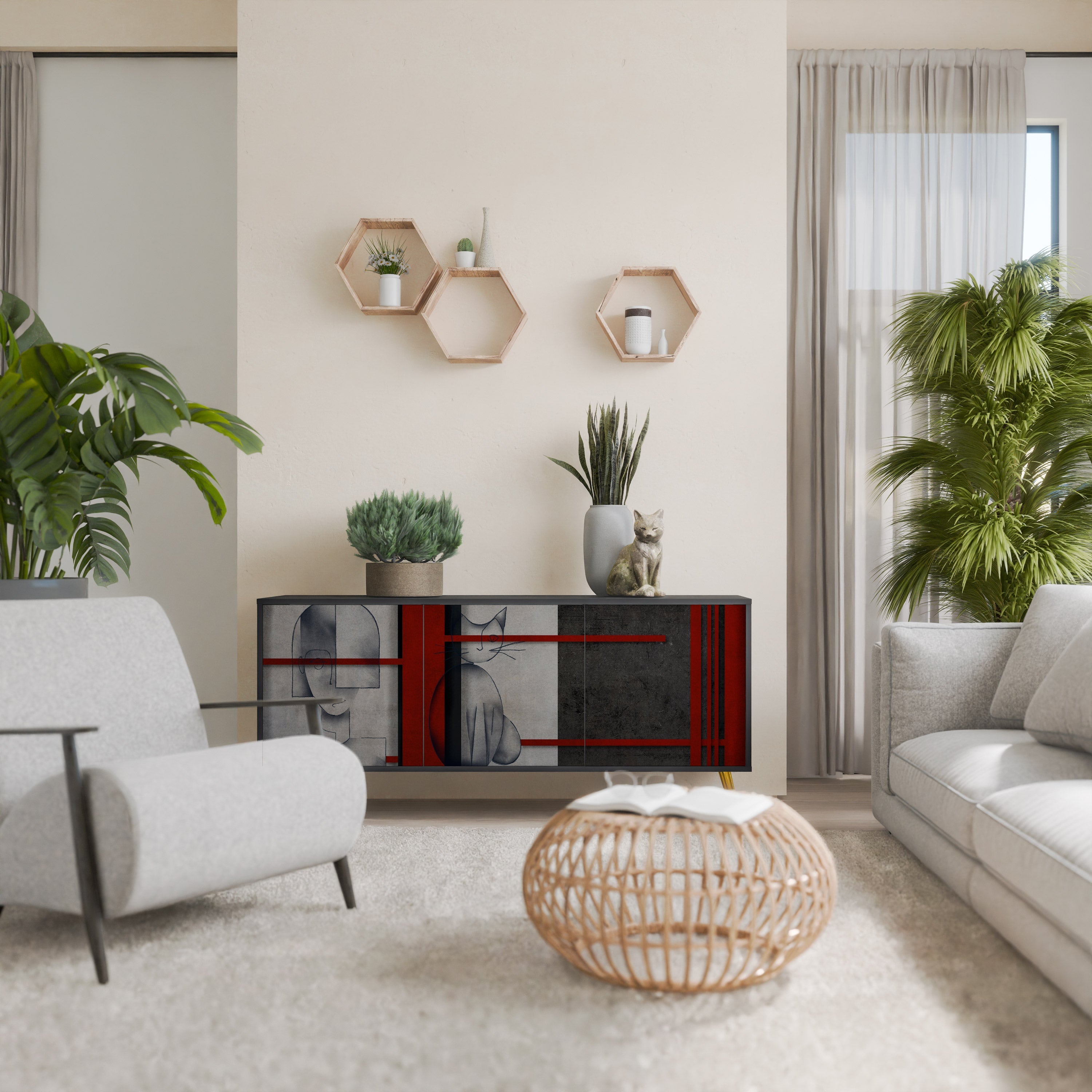 GRAY FIGURES Aparador de 3 Portas em Acabamento Preto