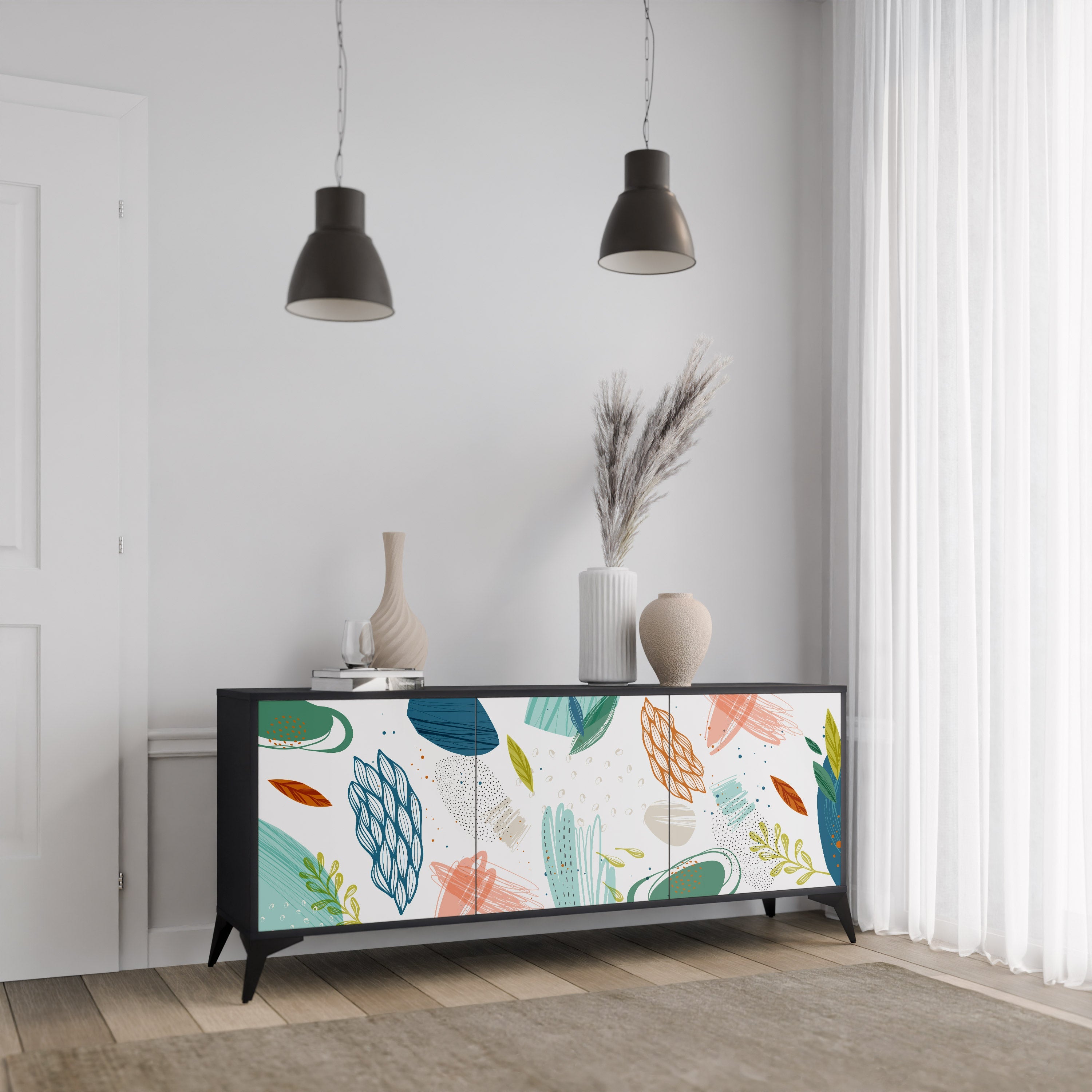 BOTANICAL HURRICANE Aparador de 3 Portas em Acabamento Preto