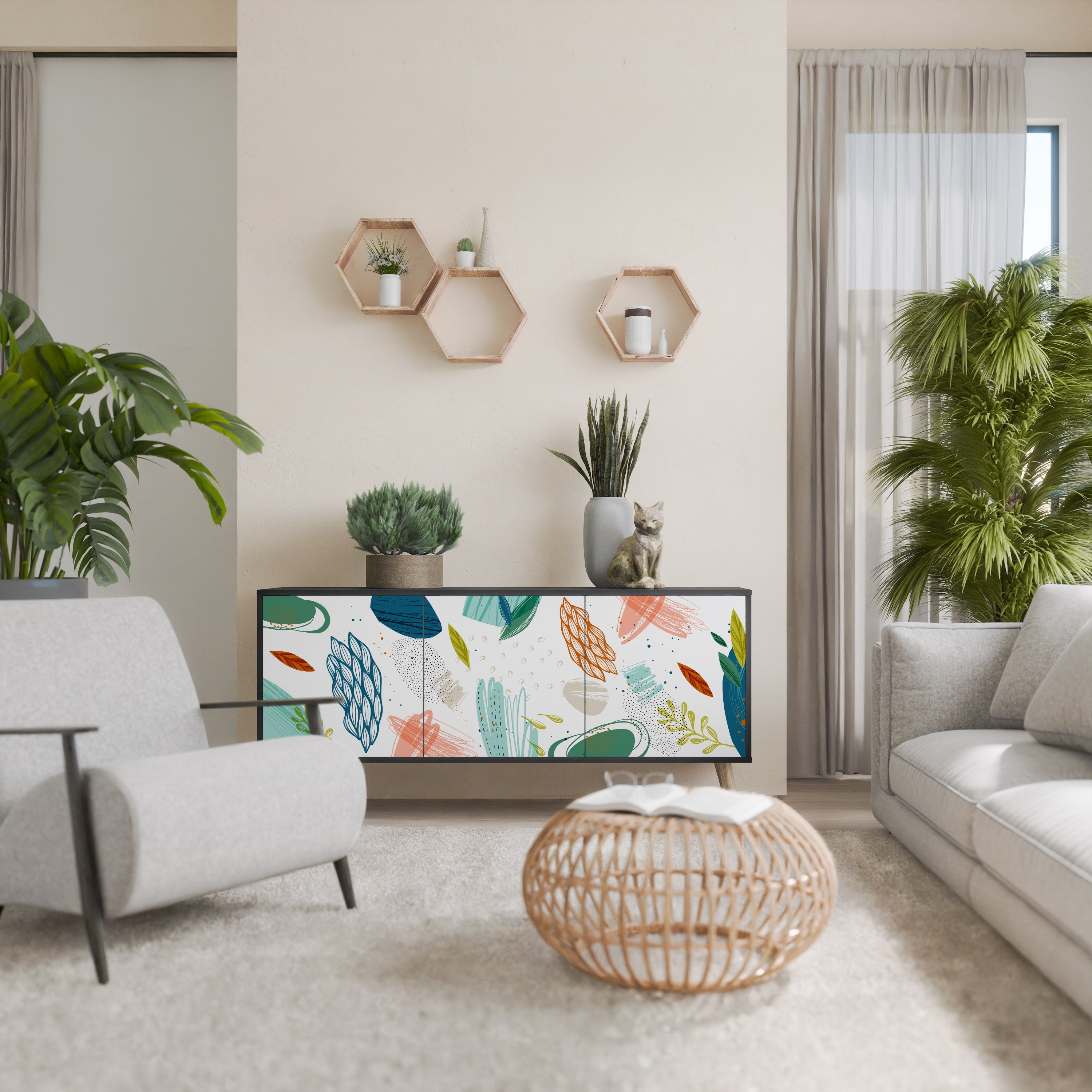 BOTANICAL HURRICANE Aparador de 3 Portas em Acabamento Preto