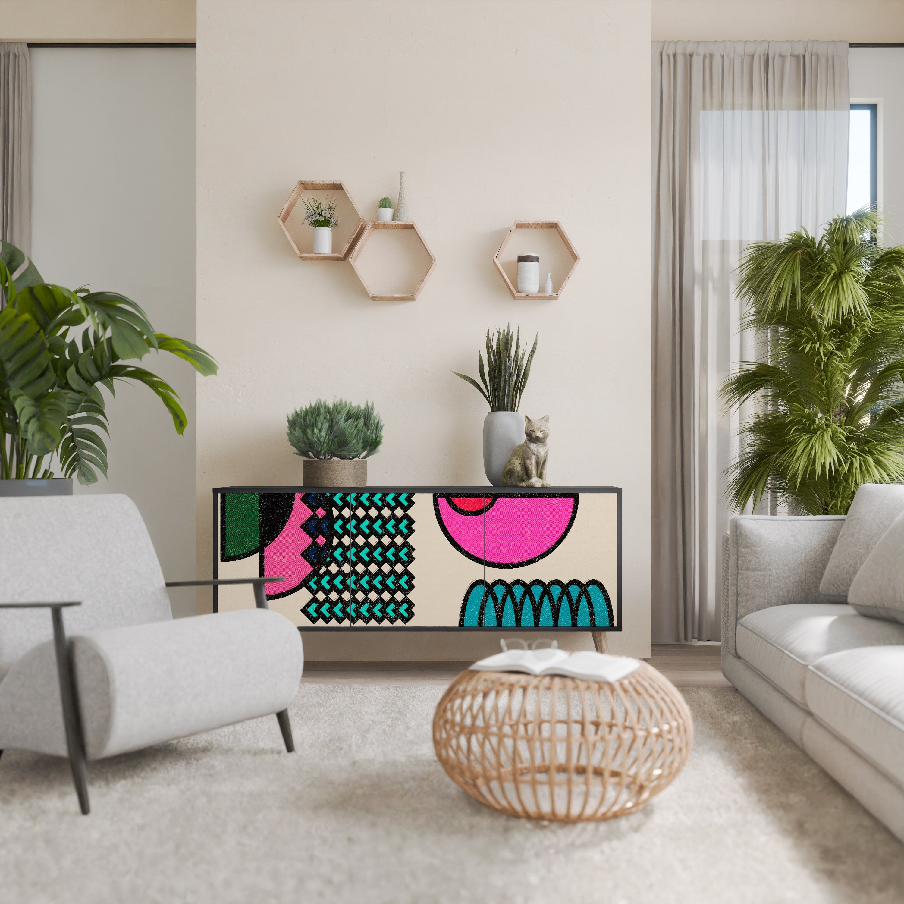 GEOMETRIC RHAPSODY Aparador de 3 Portas em Acabamento Preto