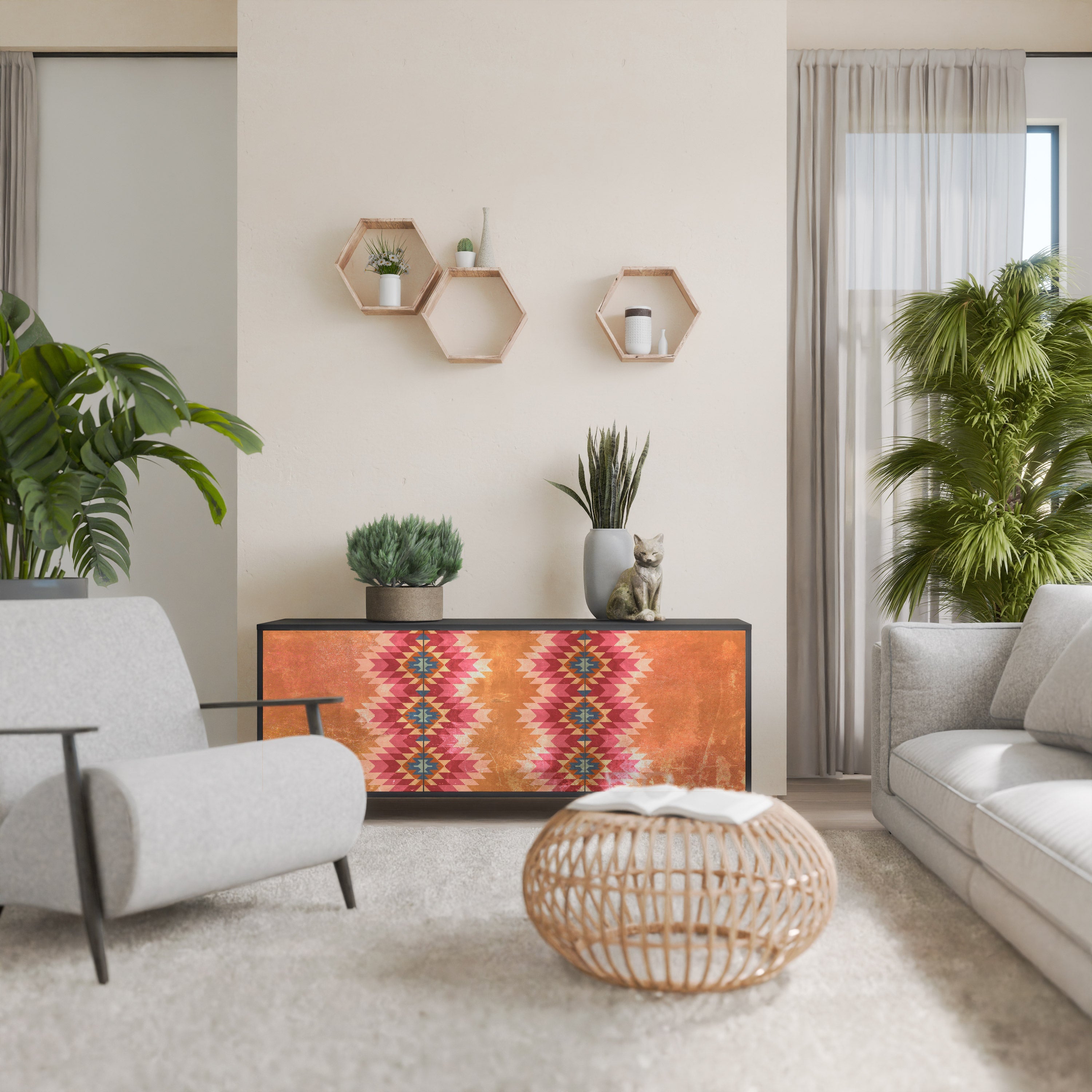 INDIAN FOLK Aparador de 3 Portas em Acabamento Preto