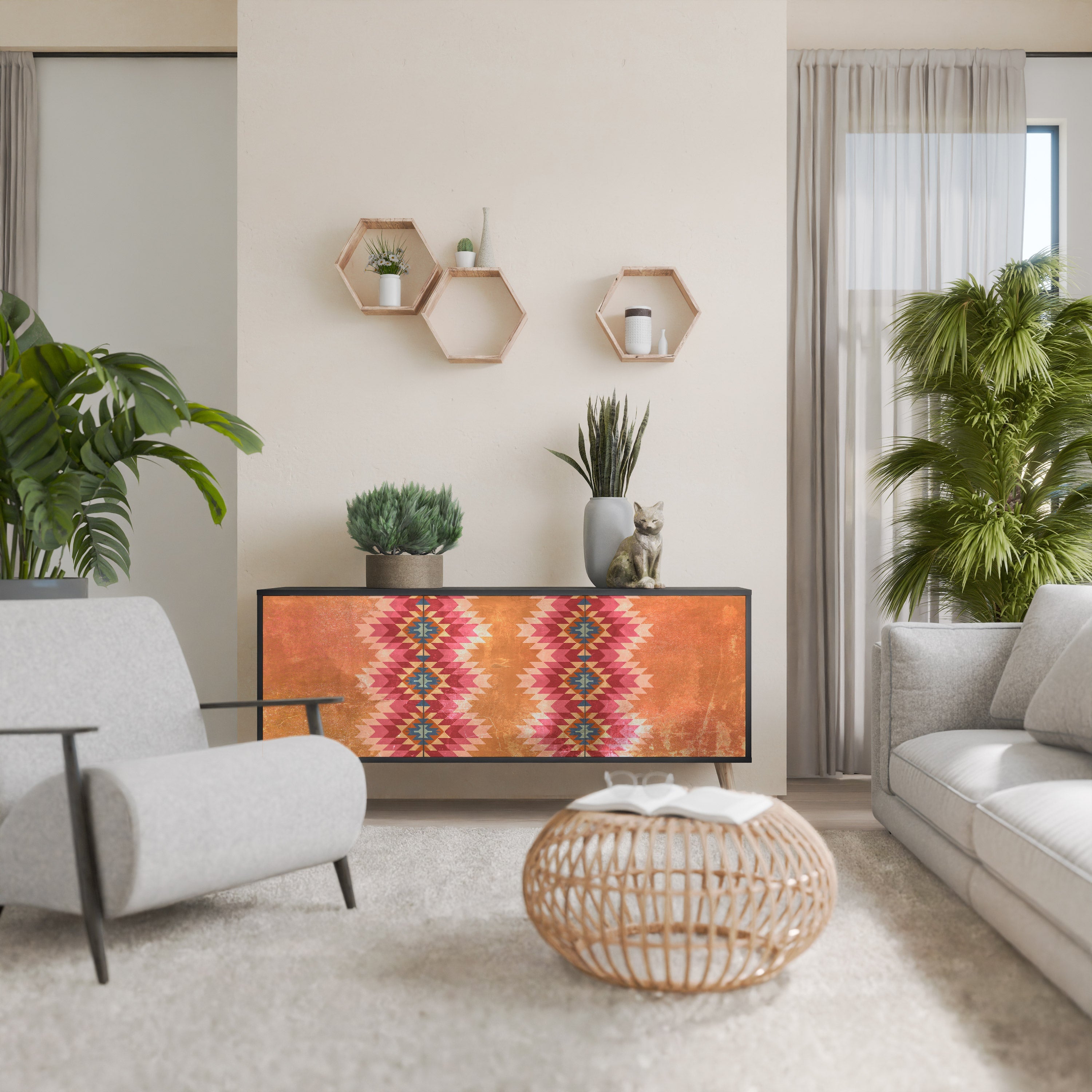 INDIAN FOLK Aparador de 3 Portas em Acabamento Preto