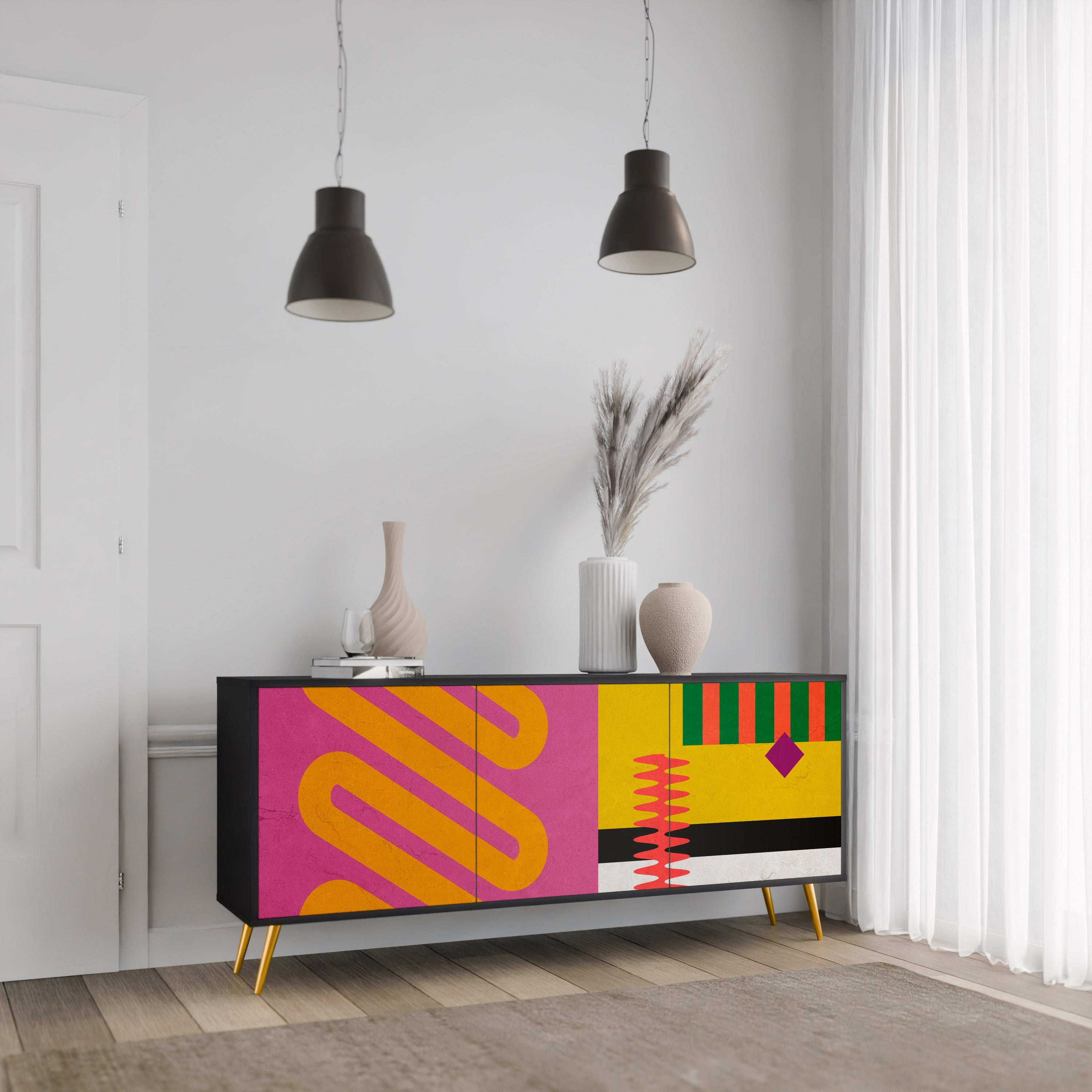 VIVID ART 3-Door Sideboard in Black Finish