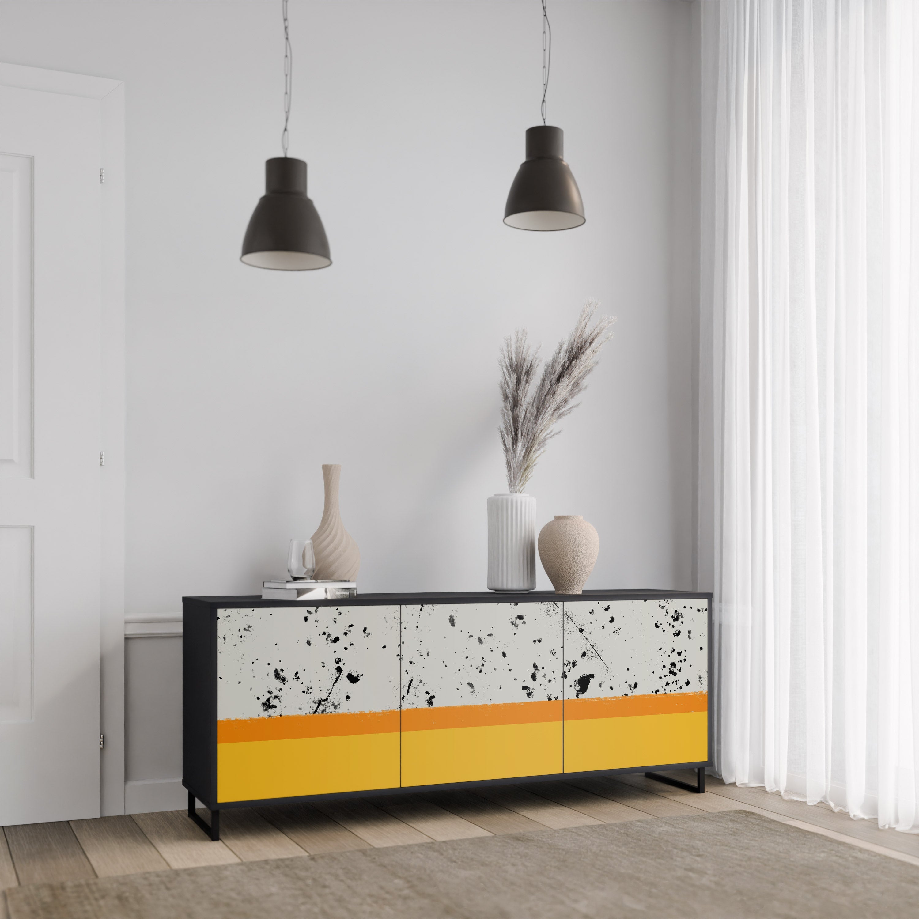 DYED BY ORANGE 3-Door Sideboard in Black Finish