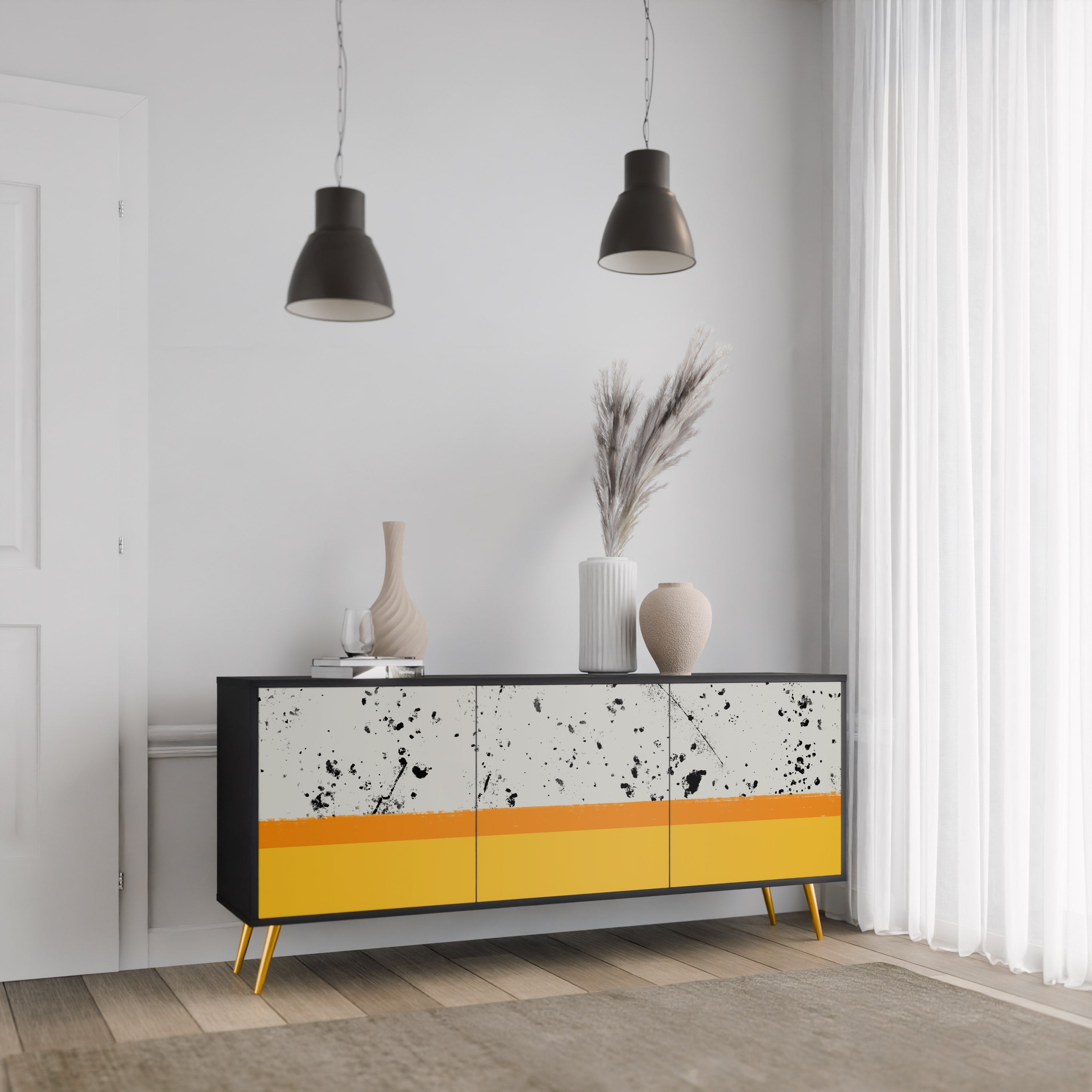 DYED BY ORANGE 3-Door Sideboard in Black Finish