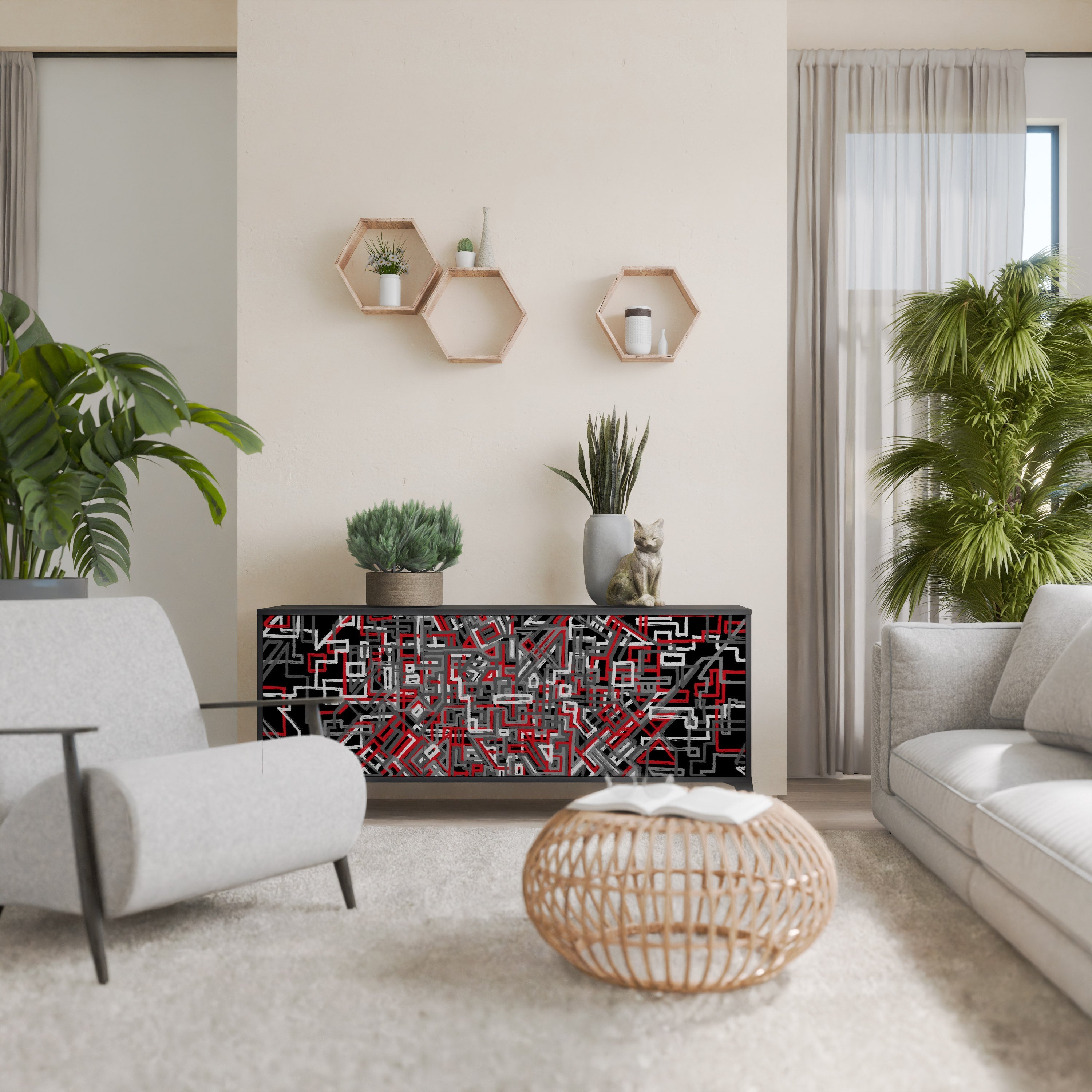 BROKEN LINES 3-Door Sideboard in Black Finish