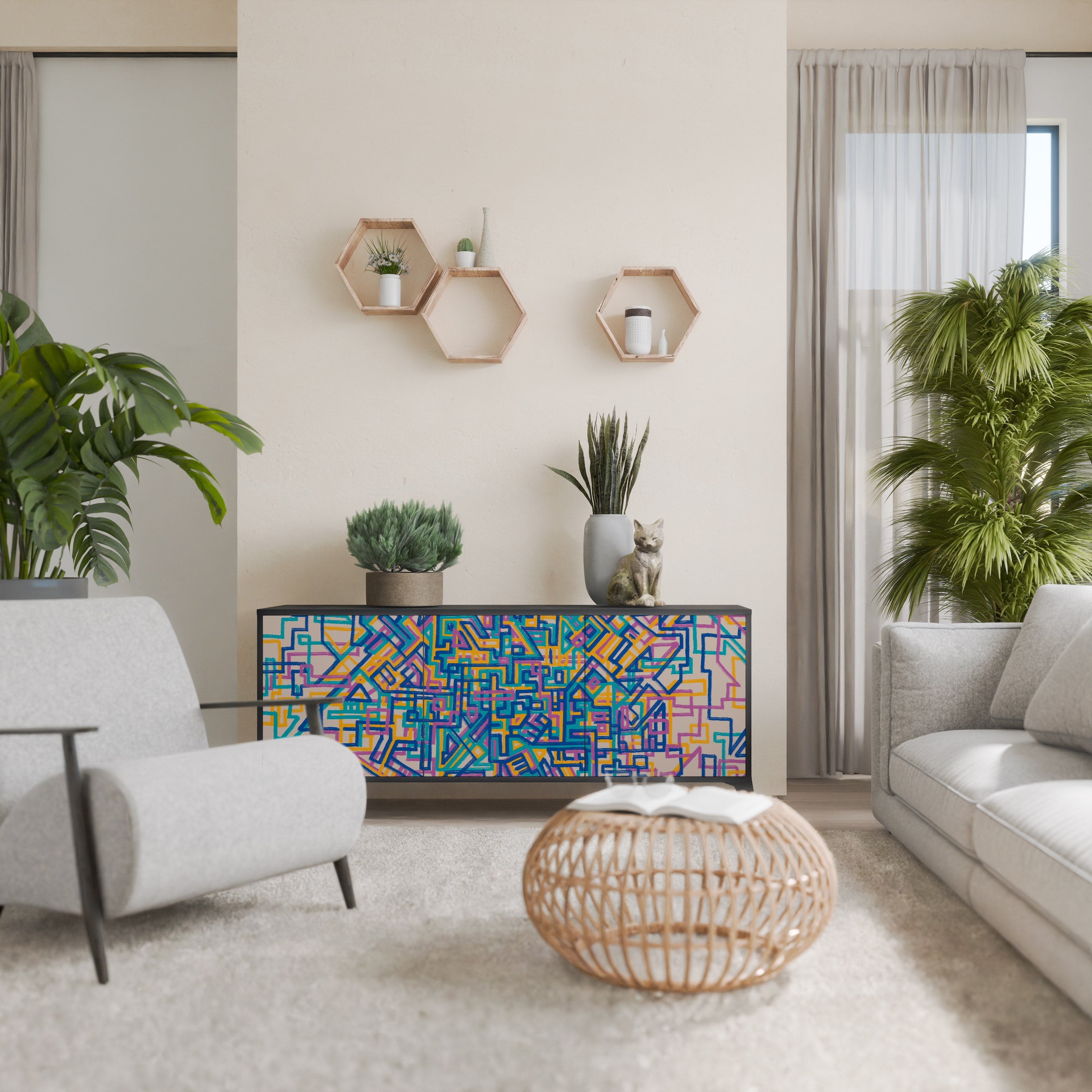 MEMORIES MAP 3-Door Sideboard in Black Finish