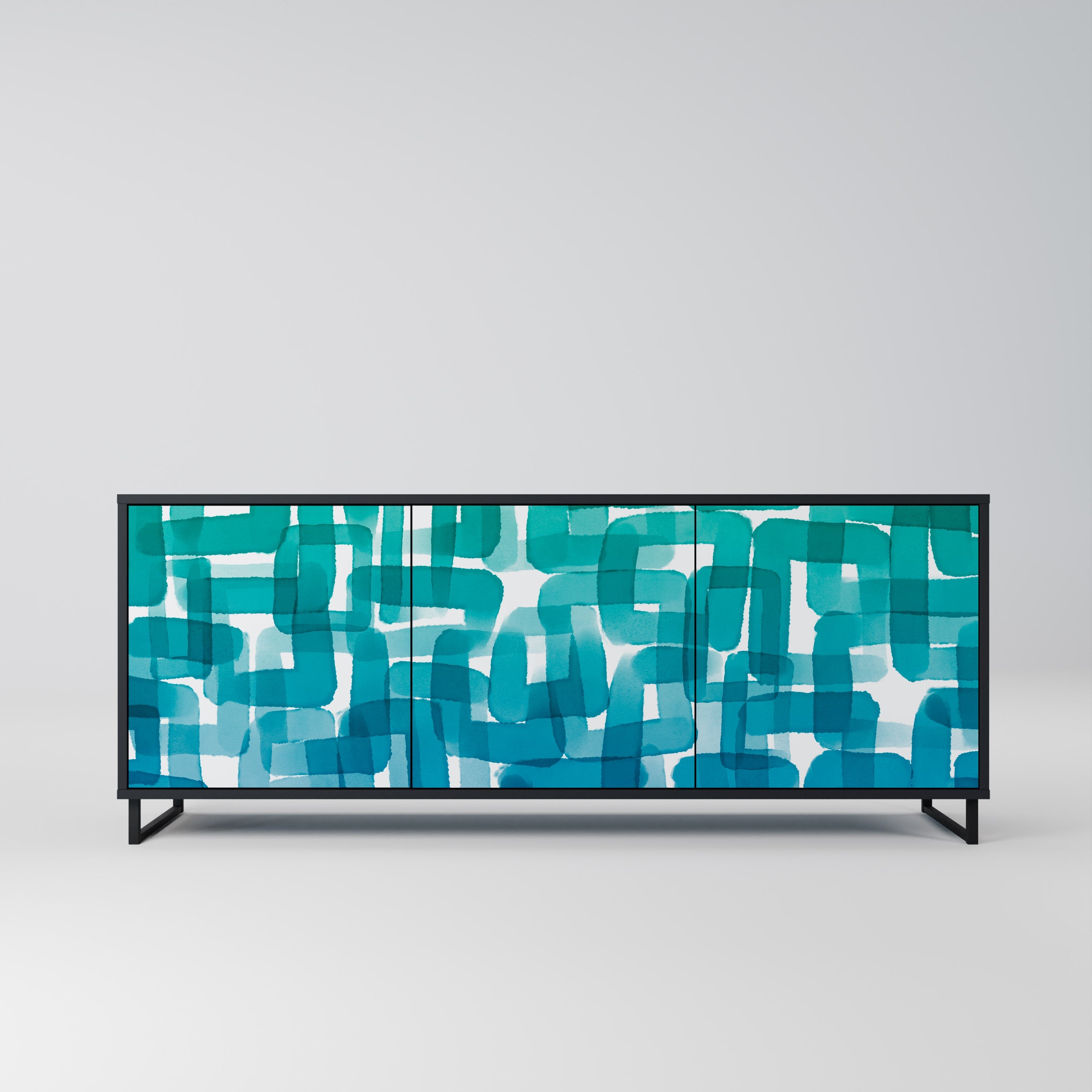 TURQUOISE RECTANGLES 3-Door Sideboard in Black Finish