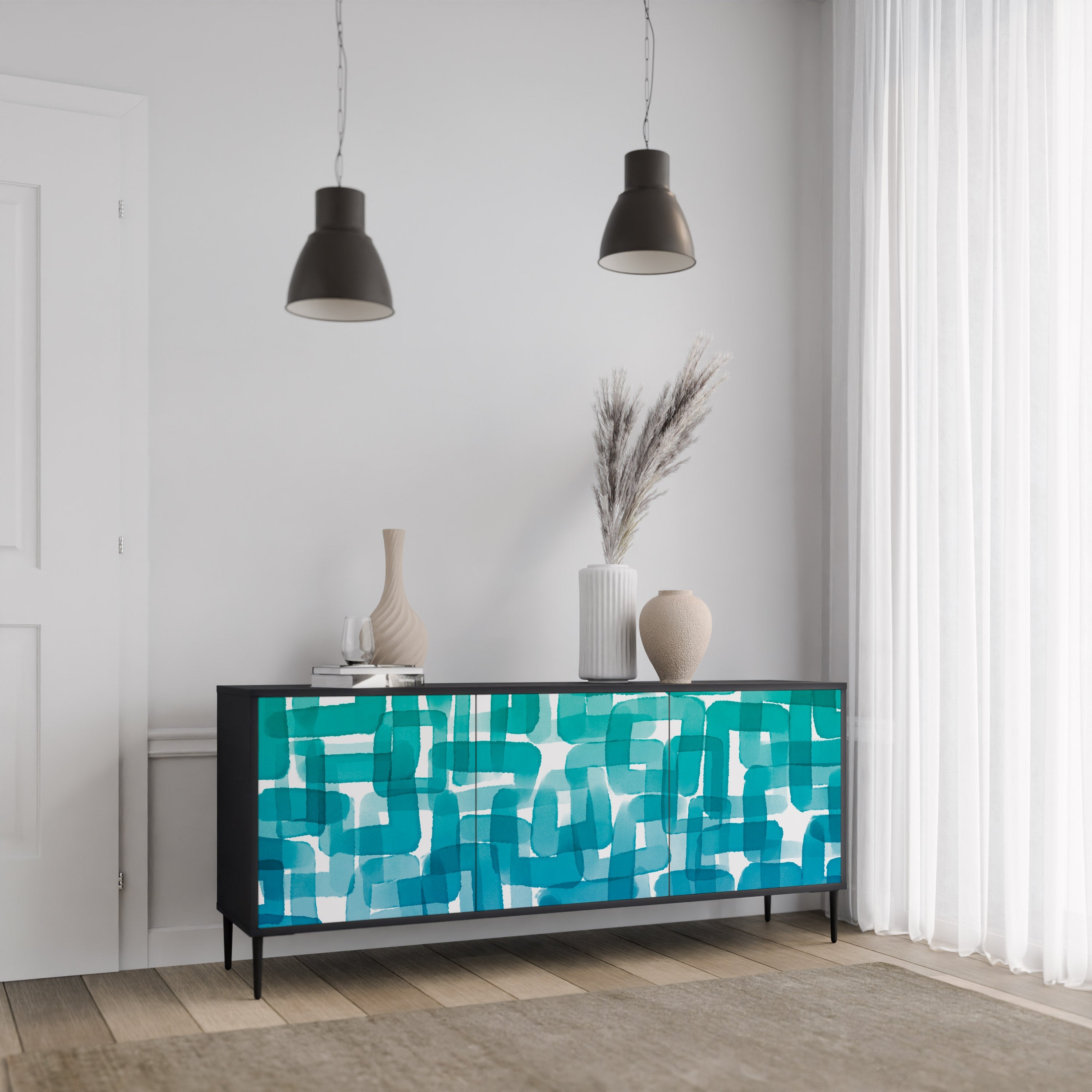 TURQUOISE RECTANGLES 3-Door Sideboard in Black Finish