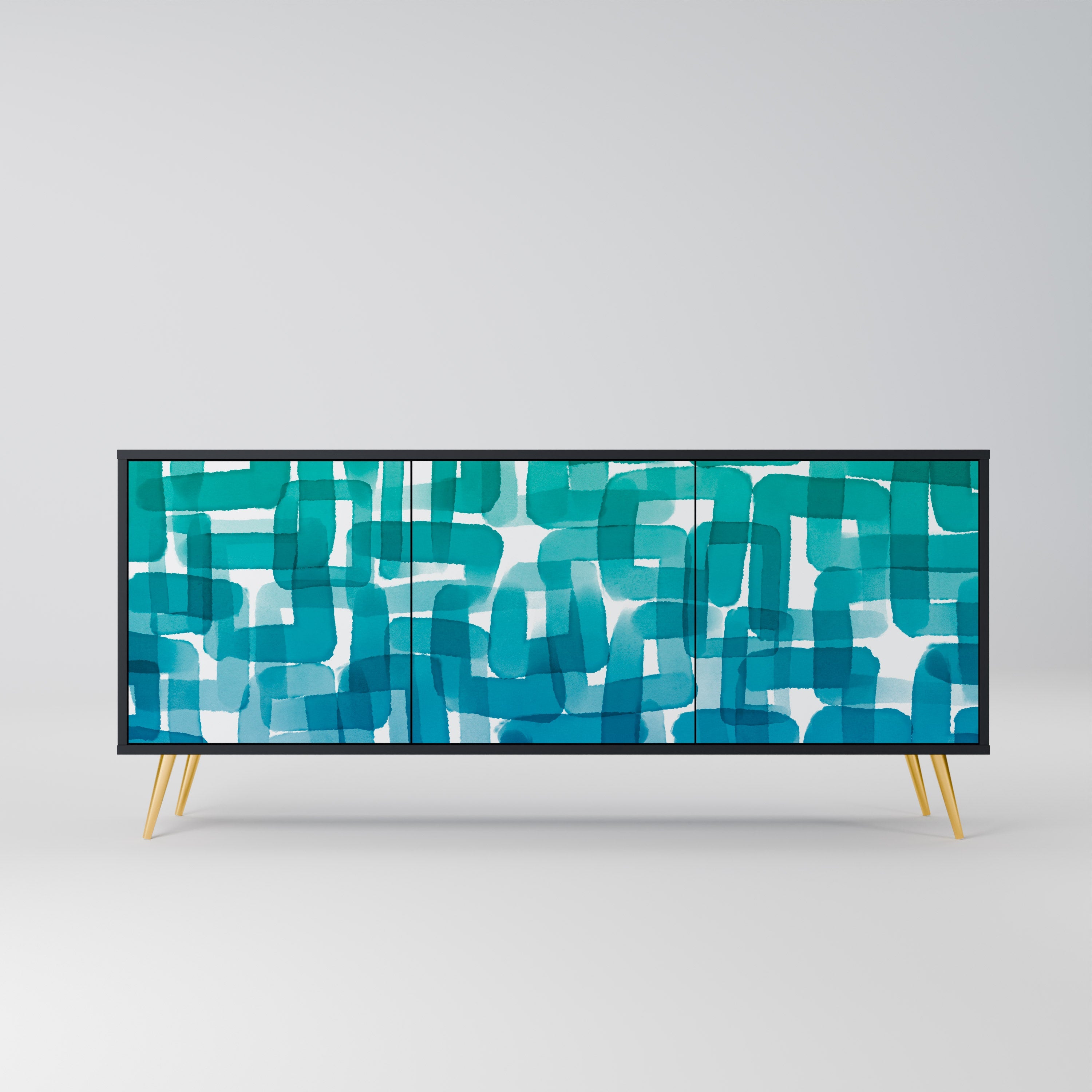 TURQUOISE RECTANGLES 3-Door Sideboard in Black Finish