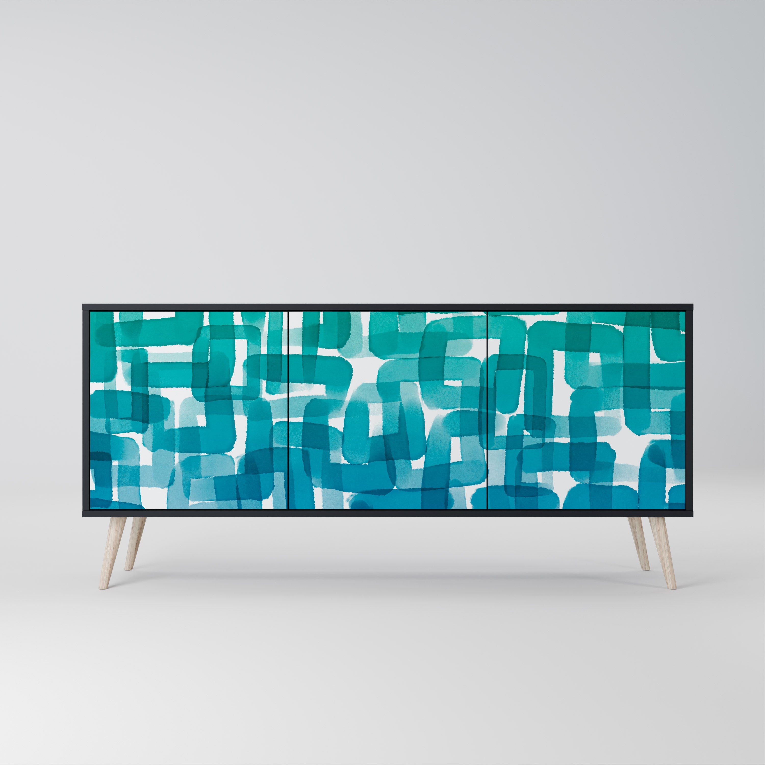 TURQUOISE RECTANGLES 3-Door Sideboard in Black Finish