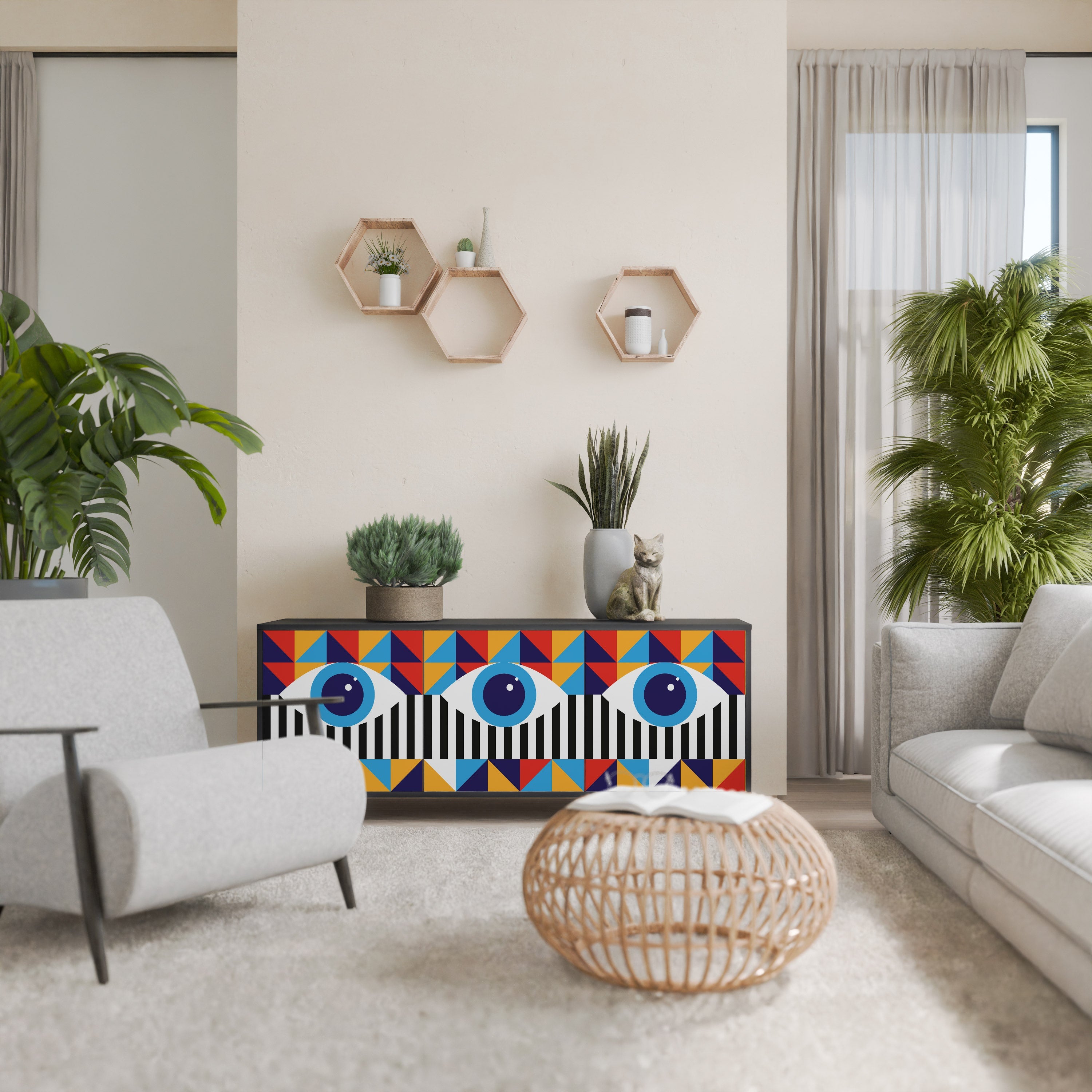 ABSTRACTION AND GEOMETRY Aparador de 3 Portas em Acabamento Preto