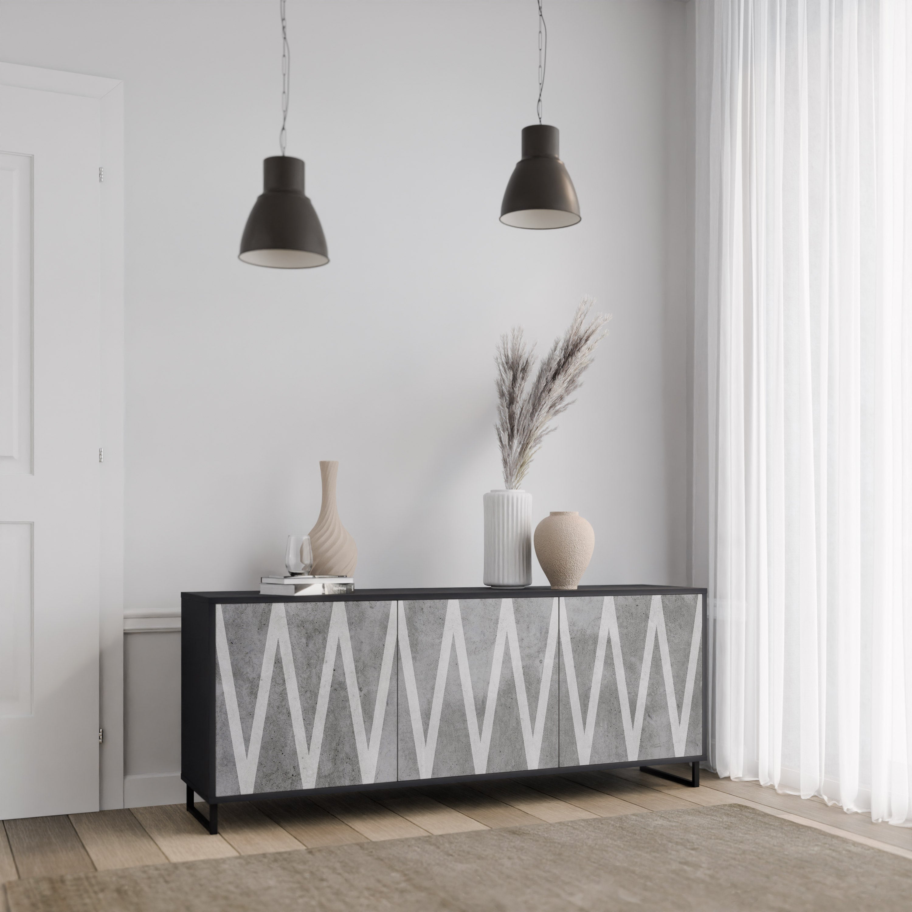 SOLID ZIG ZAG 3-Door Sideboard in Black Finish