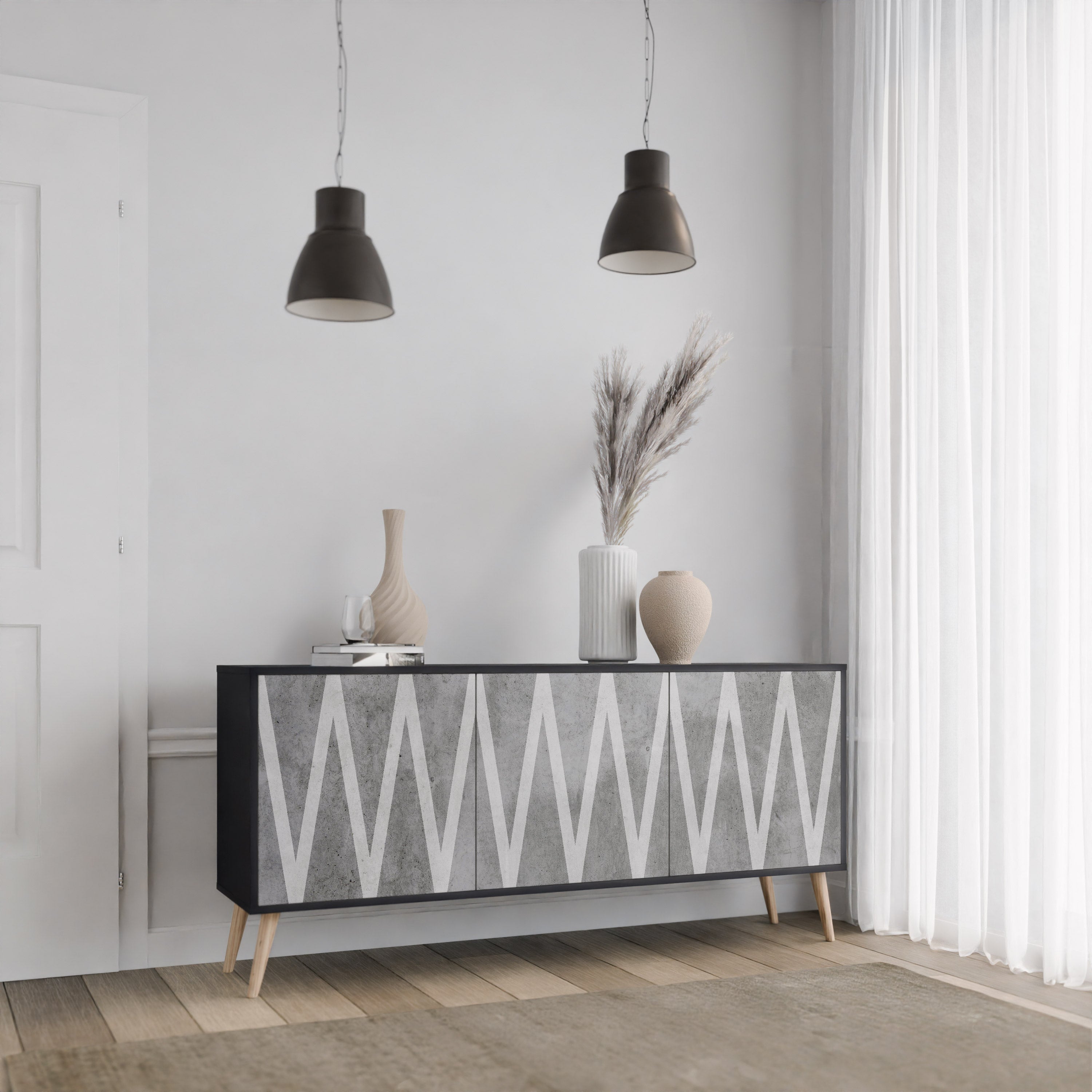 SOLID ZIG ZAG 3-Door Sideboard in Black Finish