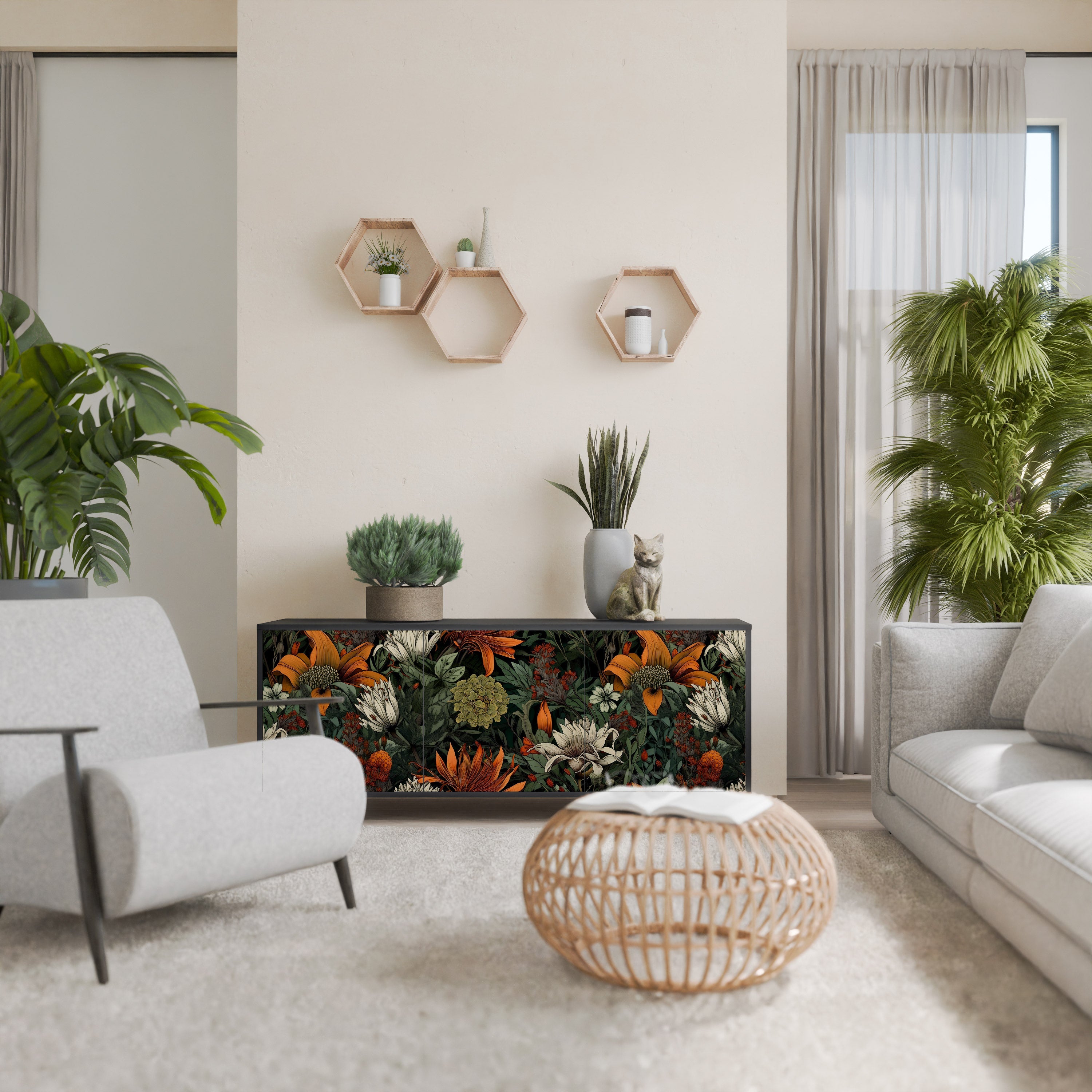 MIDNIGHT SPROUT Aparador de 3 Portas em Acabamento Preto