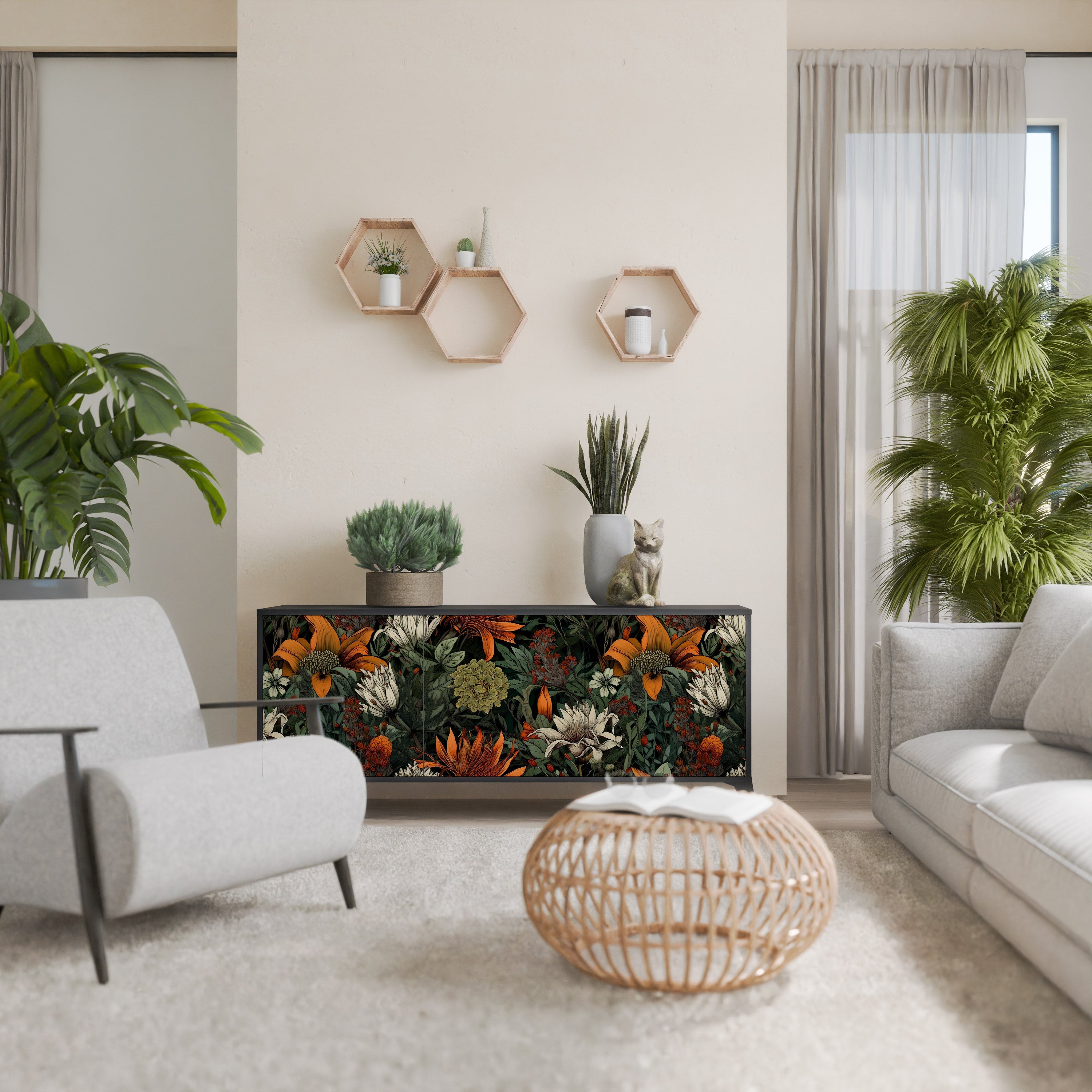 MIDNIGHT SPROUT Aparador de 3 Portas em Acabamento Preto