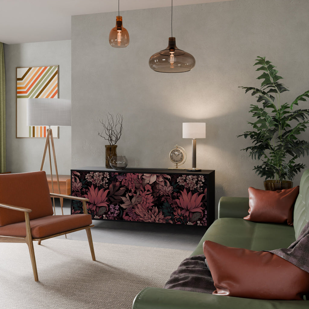 FLORAL WHISPER Aparador de 3 Portas em Acabamento Preto