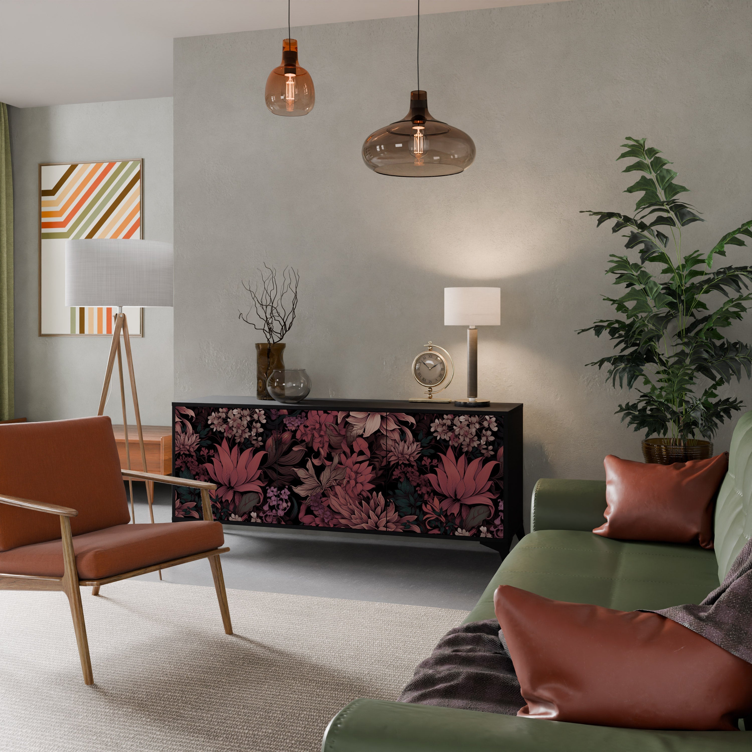 FLORAL WHISPER Aparador de 3 Portas em Acabamento Preto