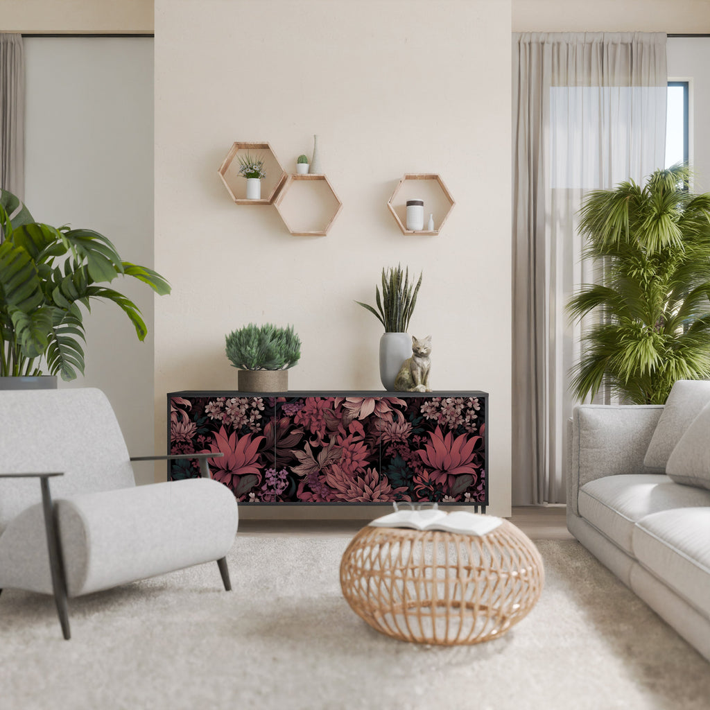 FLORAL WHISPER Aparador de 3 Portas em Acabamento Preto