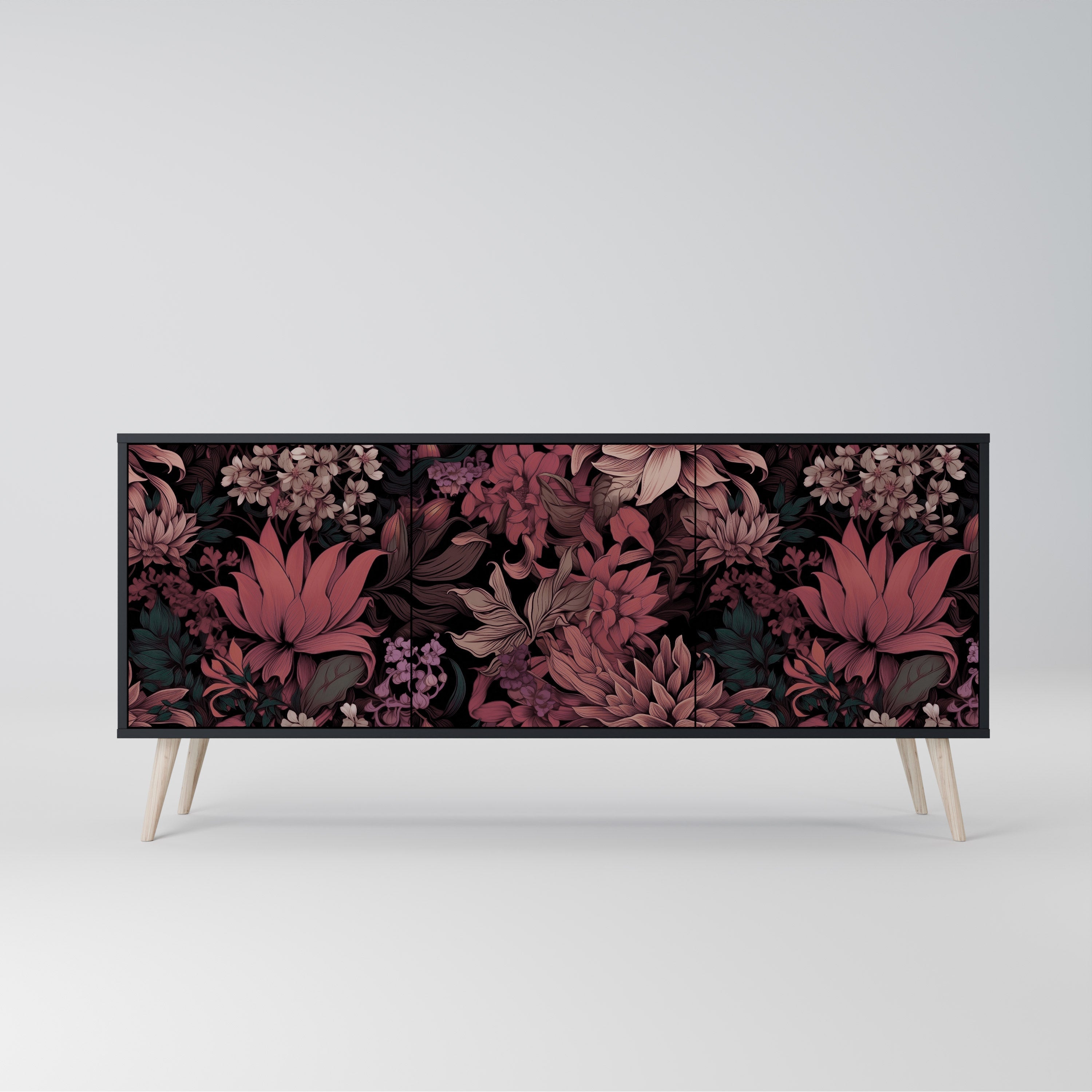FLORAL WHISPER 3-Door Sideboard in Black Finish