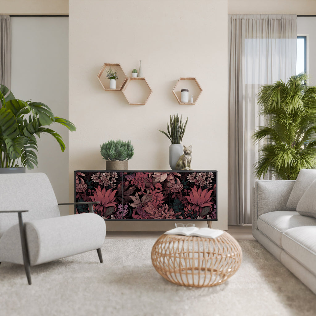 FLORAL WHISPER Aparador de 3 Portas em Acabamento Preto