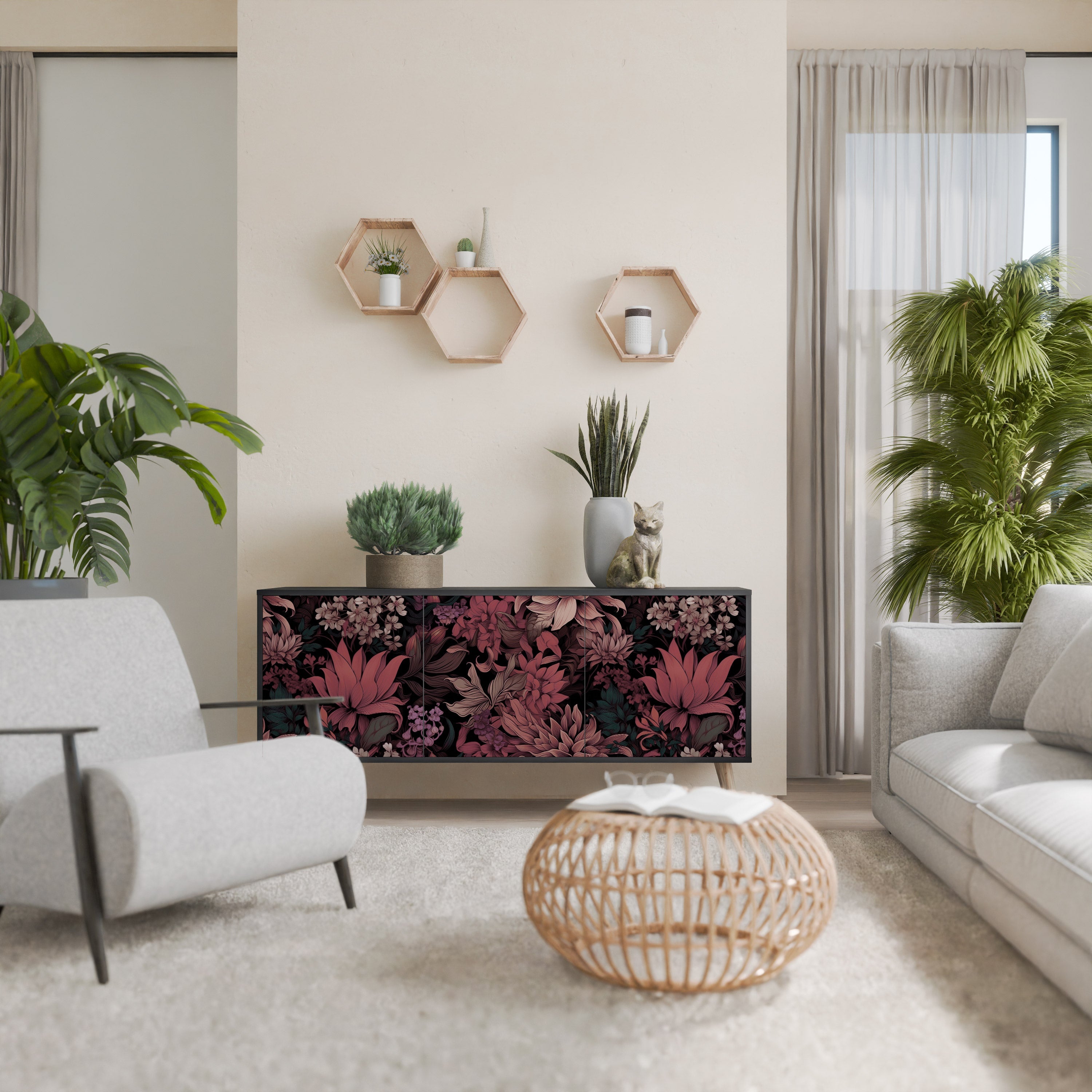 FLORAL WHISPER Aparador de 3 Portas em Acabamento Preto