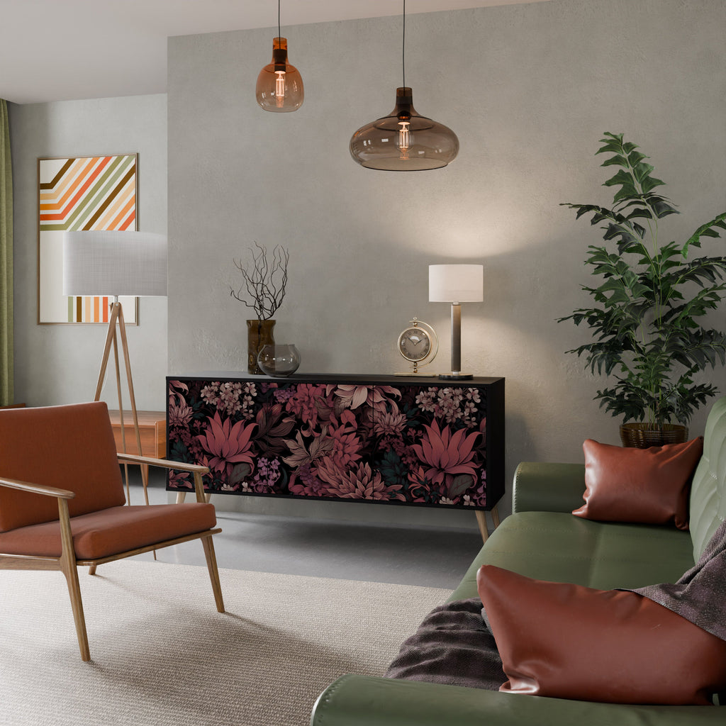 FLORAL WHISPER Aparador de 3 Portas em Acabamento Preto