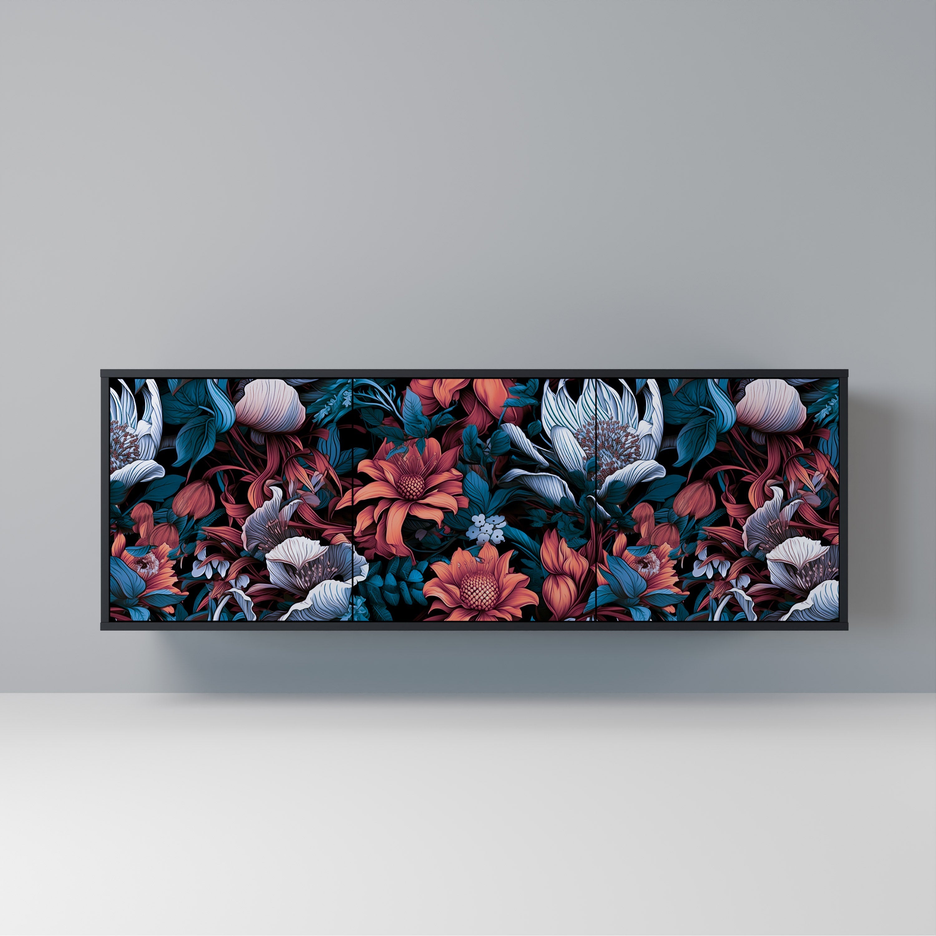 ETHEREAL BLOSSOMS 3-Door Sideboard in Black Finish