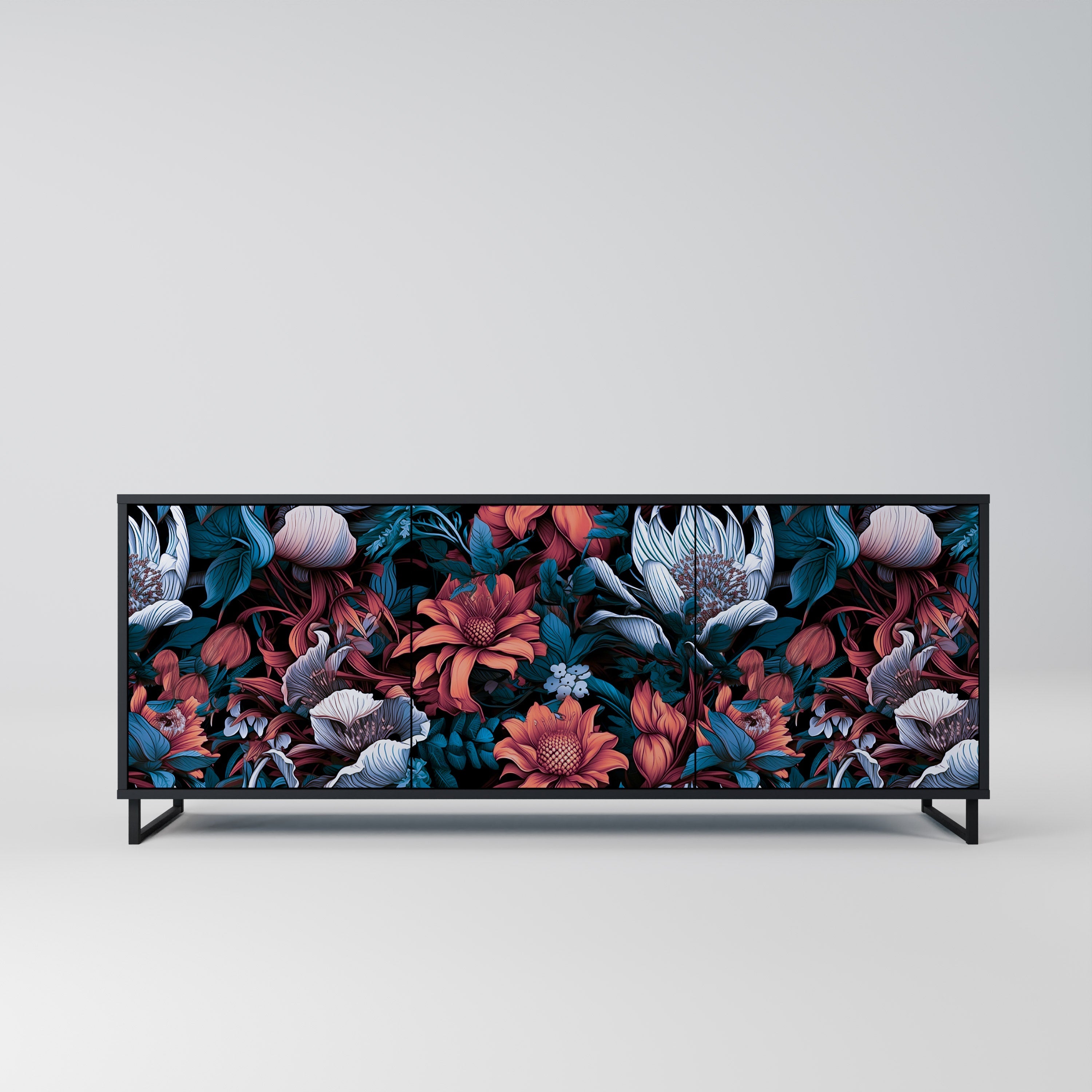 ETHEREAL BLOSSOMS 3-Door Sideboard in Black Finish