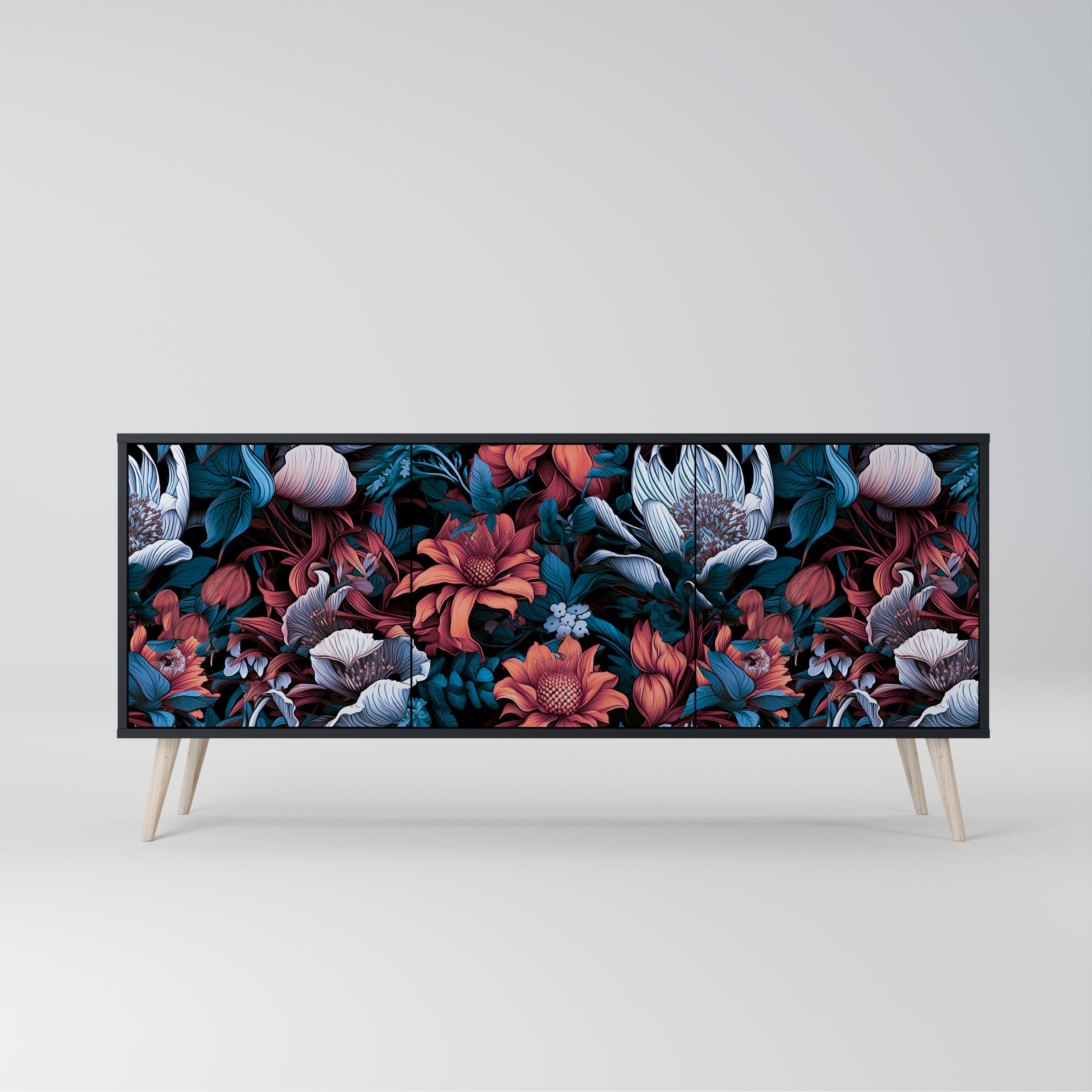 ETHEREAL BLOSSOMS 3-Door Sideboard in Black Finish