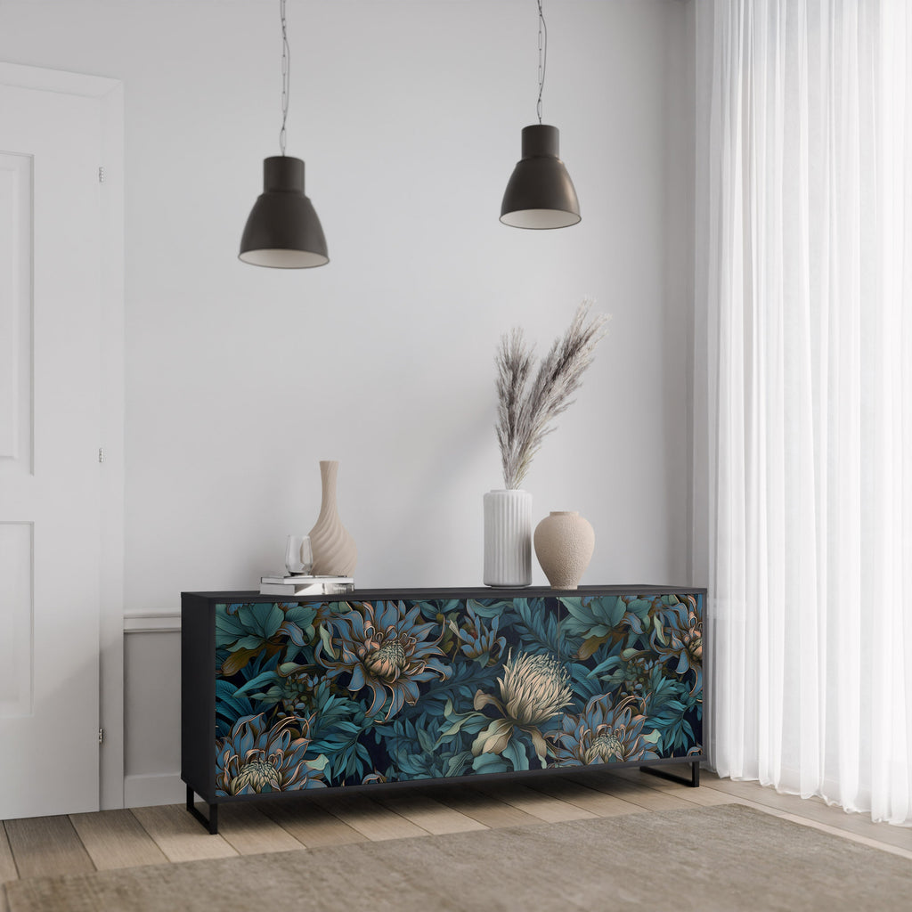 TWILIGHT BLOOM 3-Door Sideboard in Black Finish