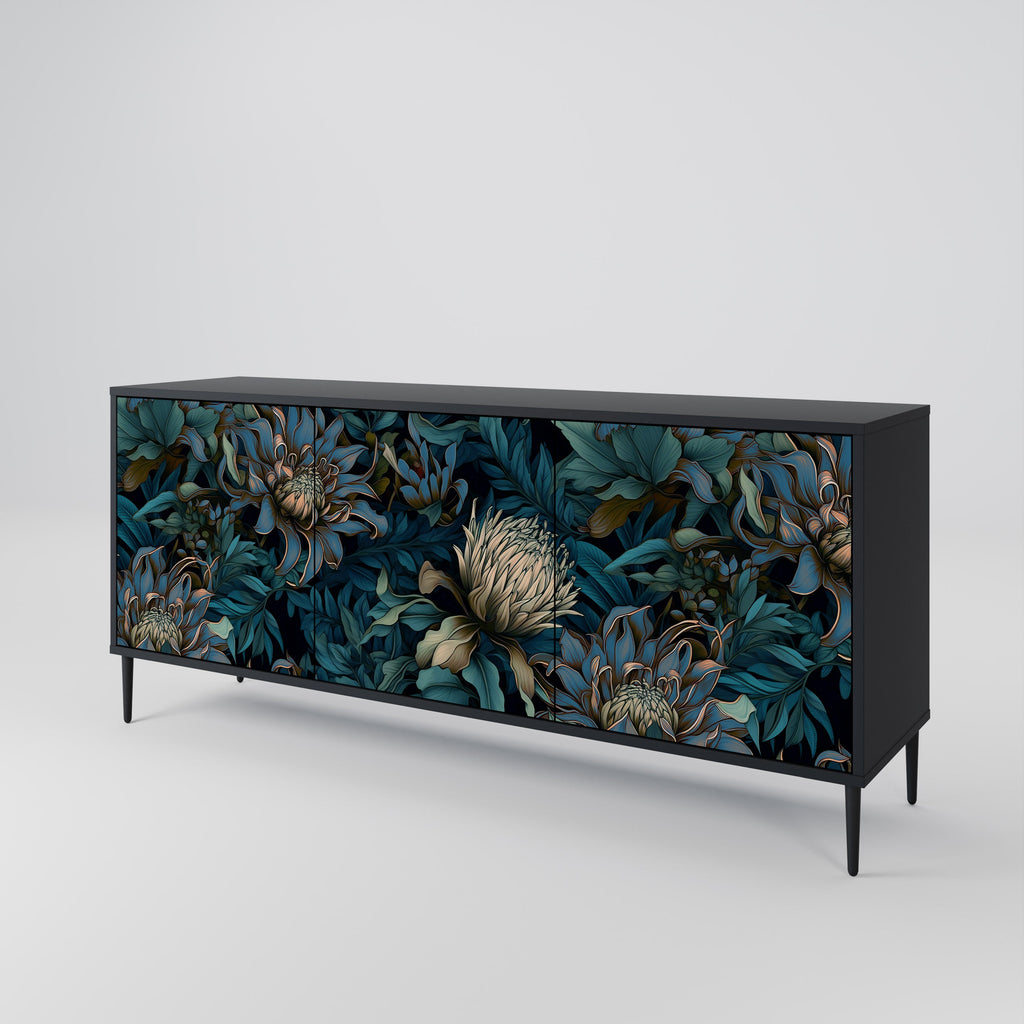 TWILIGHT BLOOM 3-Door Sideboard in Black Finish