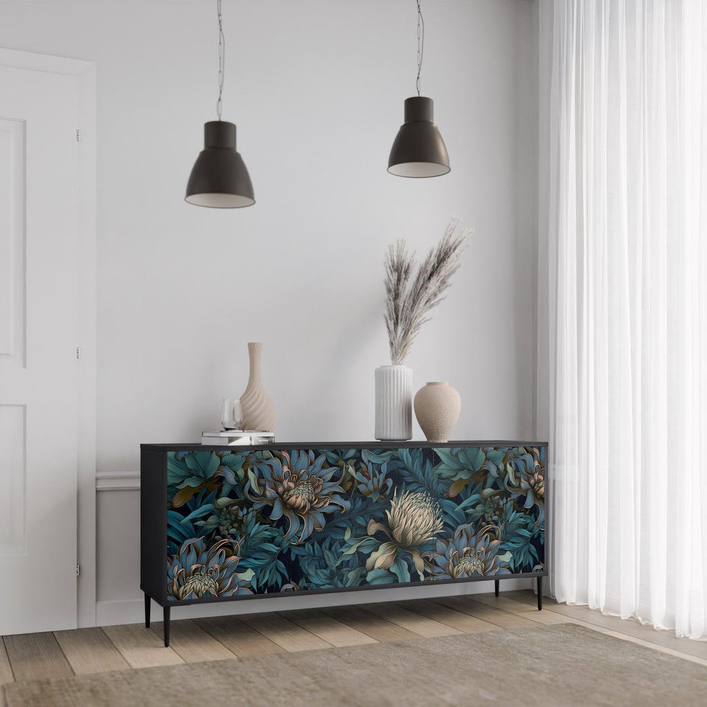 TWILIGHT BLOOM 3-Door Sideboard in Black Finish