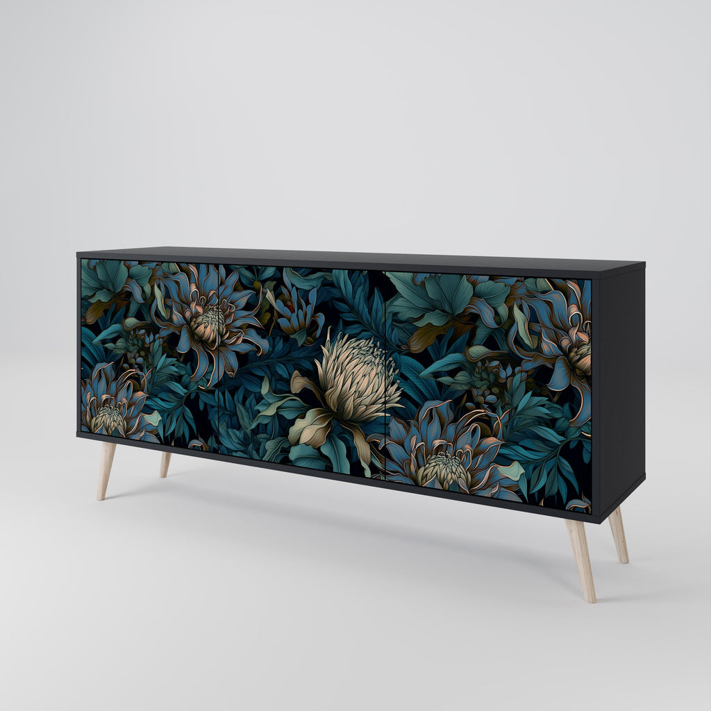 TWILIGHT BLOOM 3-Door Sideboard in Black Finish