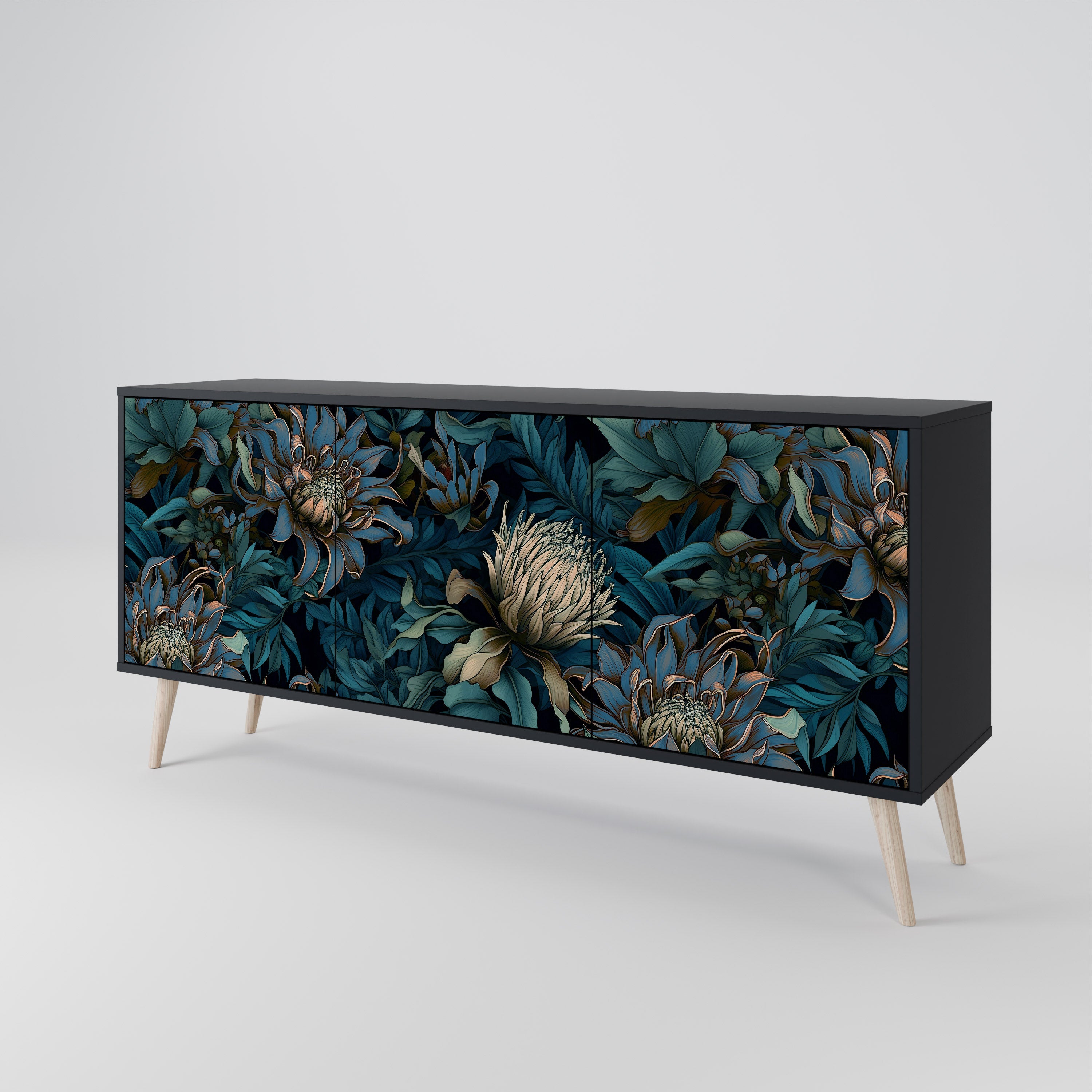 TWILIGHT BLOOM 3-Door Sideboard in Black Finish